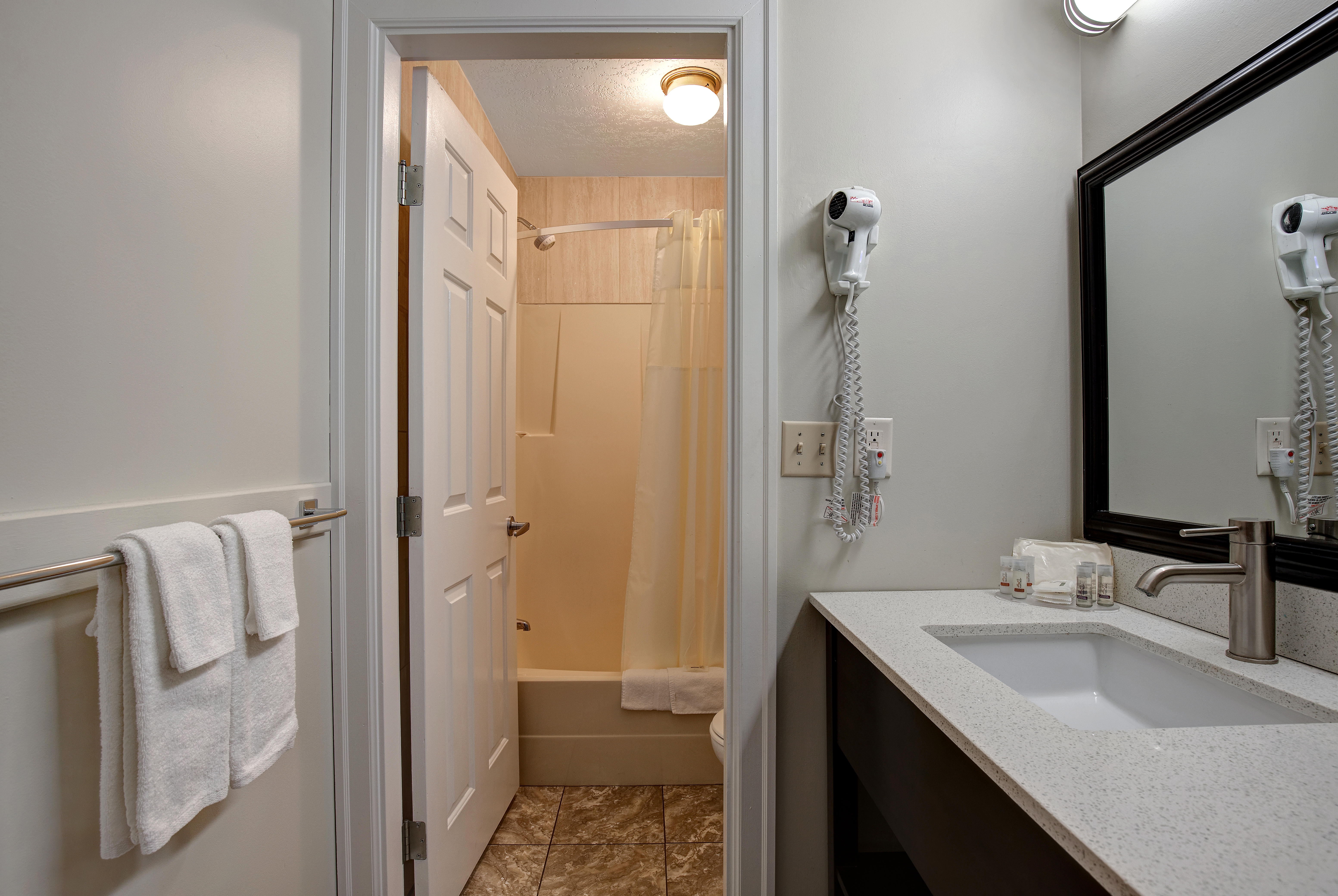 Guest room bath at the Days Inn by Wyndham Vernon in Vernon, British Columbia