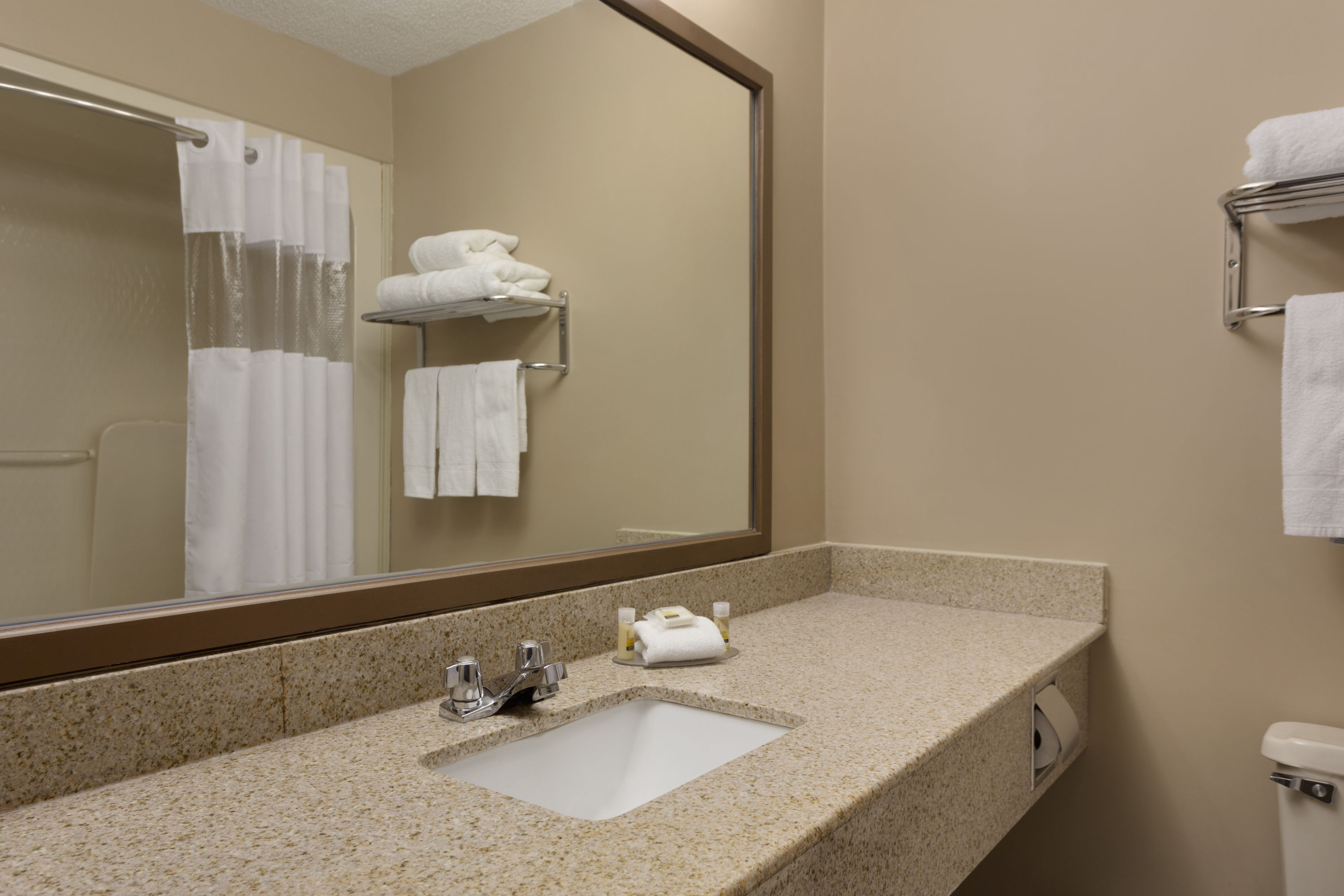 Guest room bath at the Days Inn by Wyndham Dalhousie in Dalhousie, New Brunswick