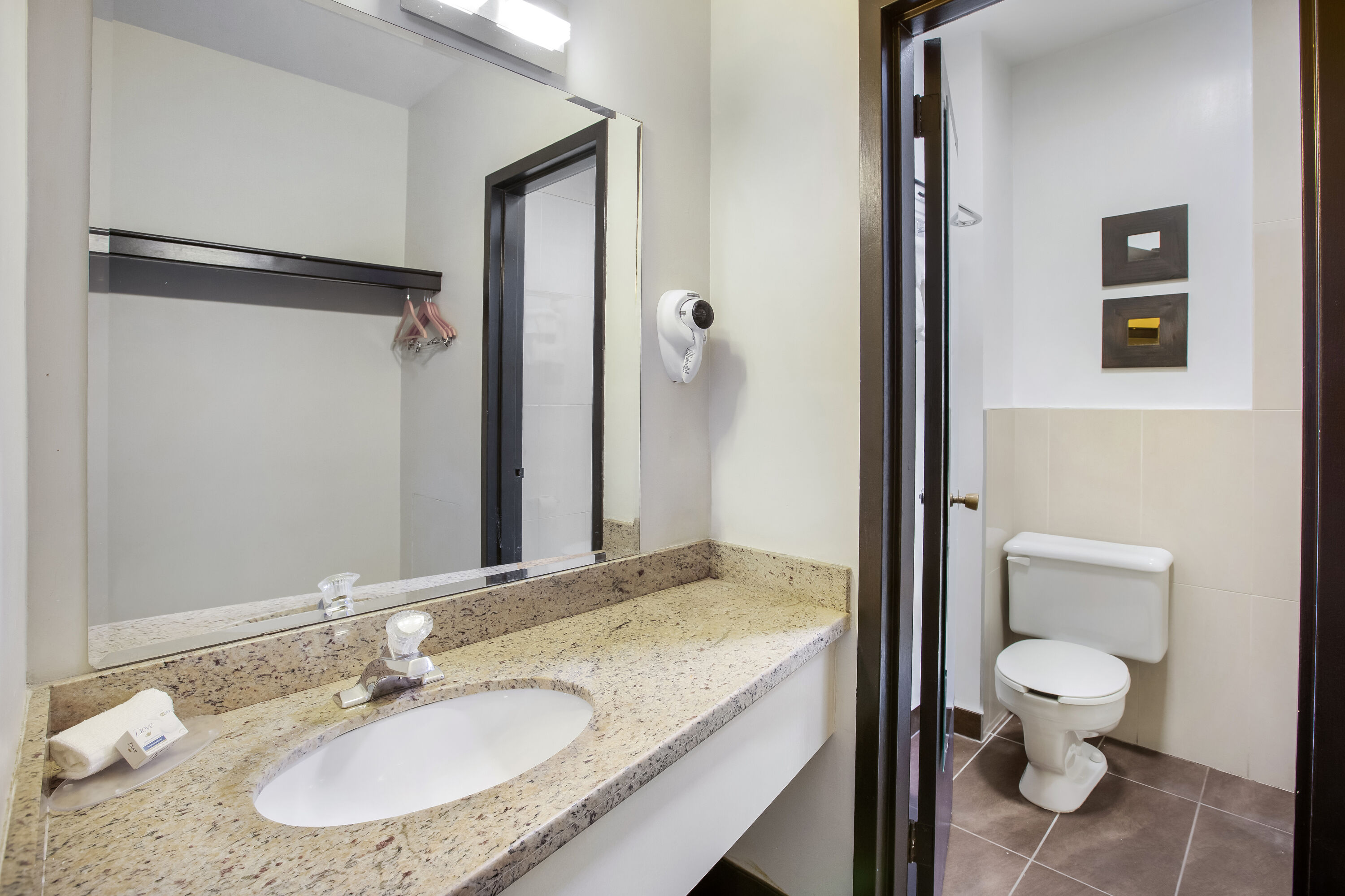 Guest room bath at the Days Inn by Wyndham Montreal Airport Conference Centre in Montreal, Quebec
