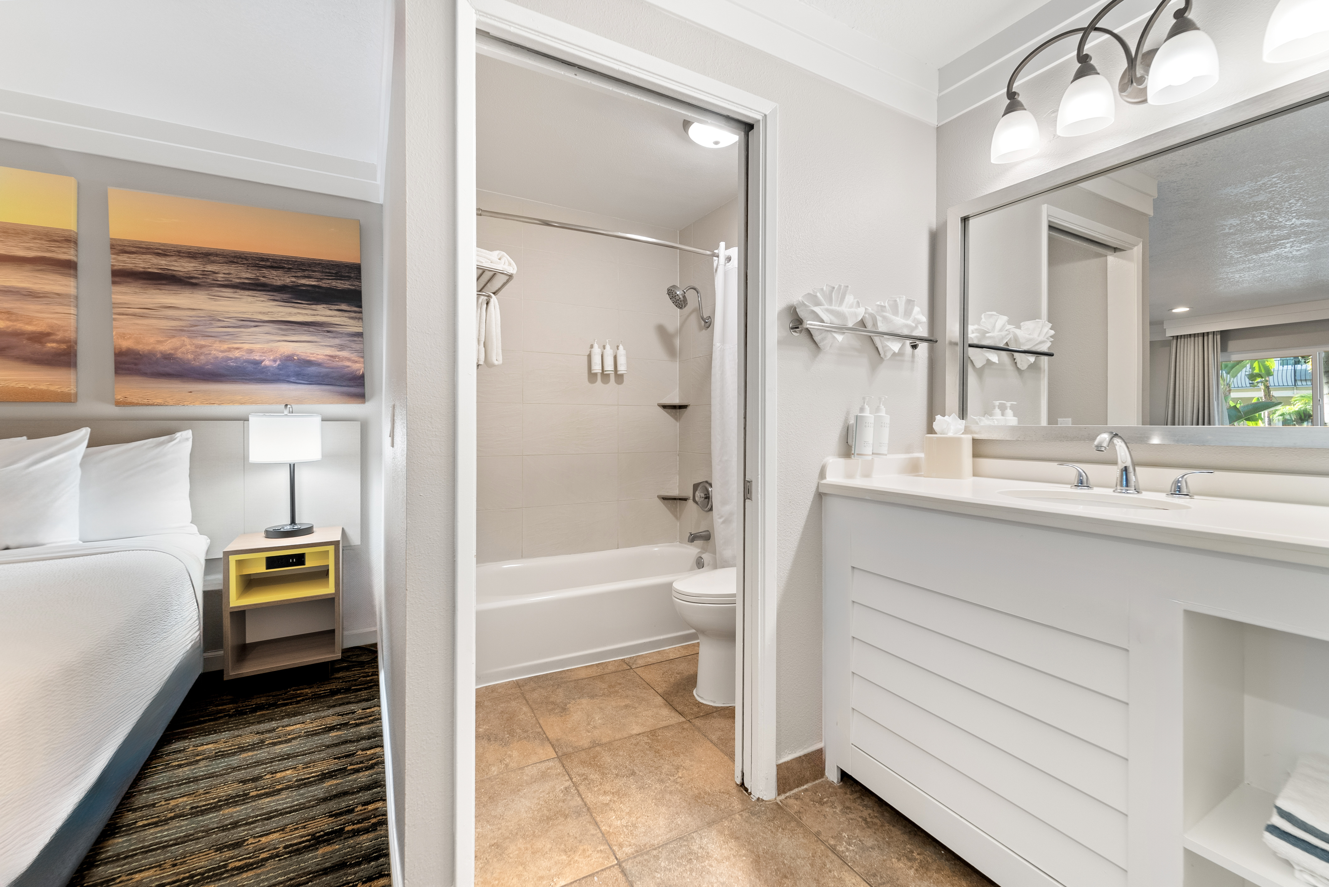 Guest room bath at the Days Inn by Wyndham San Diego Hotel Circle in San Diego, California