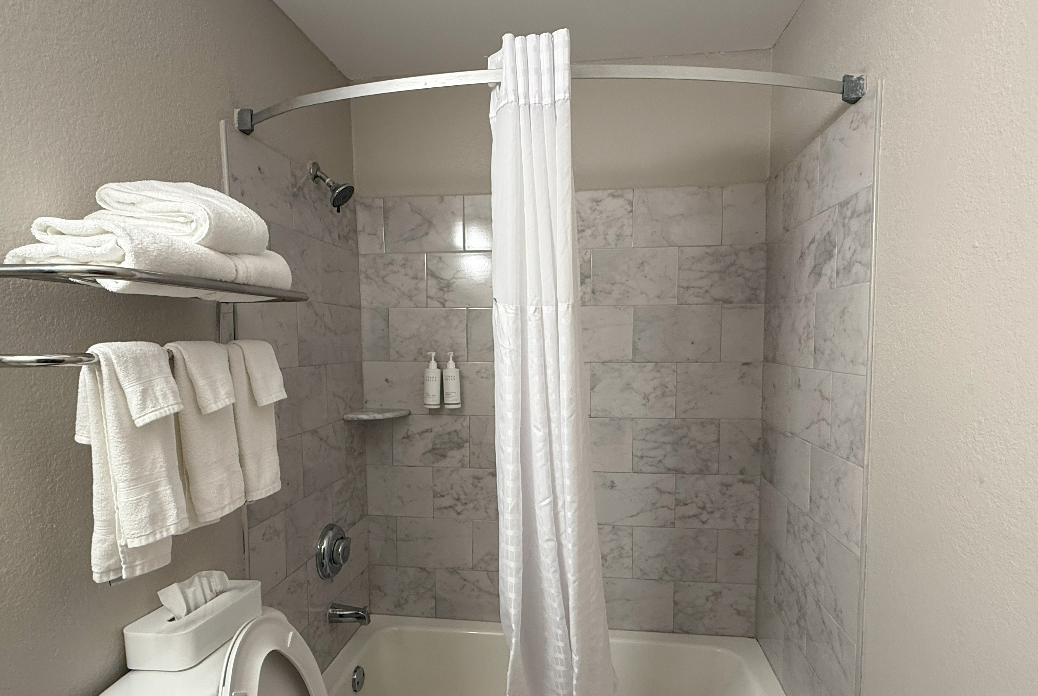 Guest room bath at the Days Inn by Wyndham Orange Park/Jacksonville in Orange Park, Florida