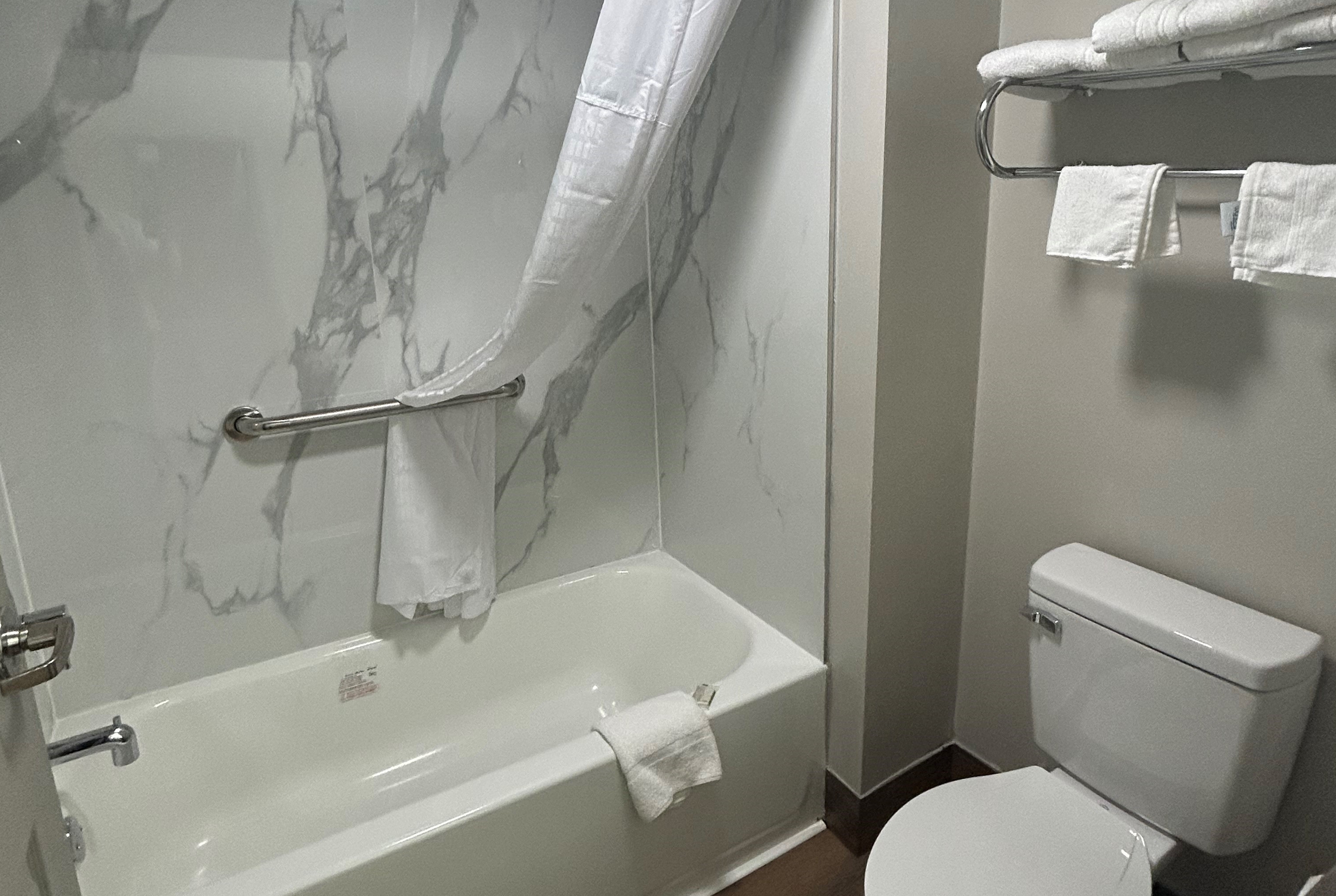 Guest room bath at the Days Inn by Wyndham Royston in Royston, Georgia