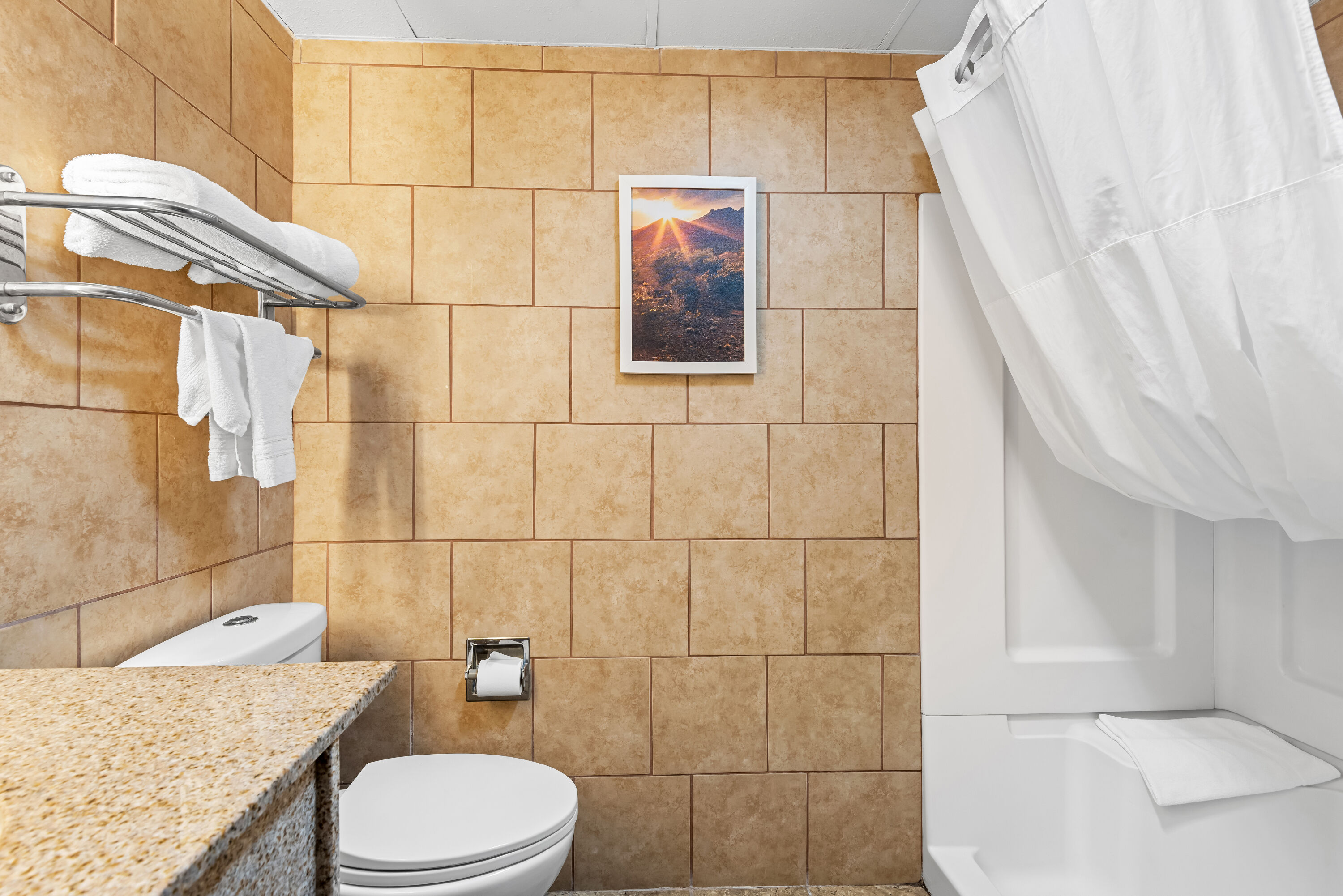 Guest room bath at the Days Inn by Wyndham Ames in Ames, Iowa