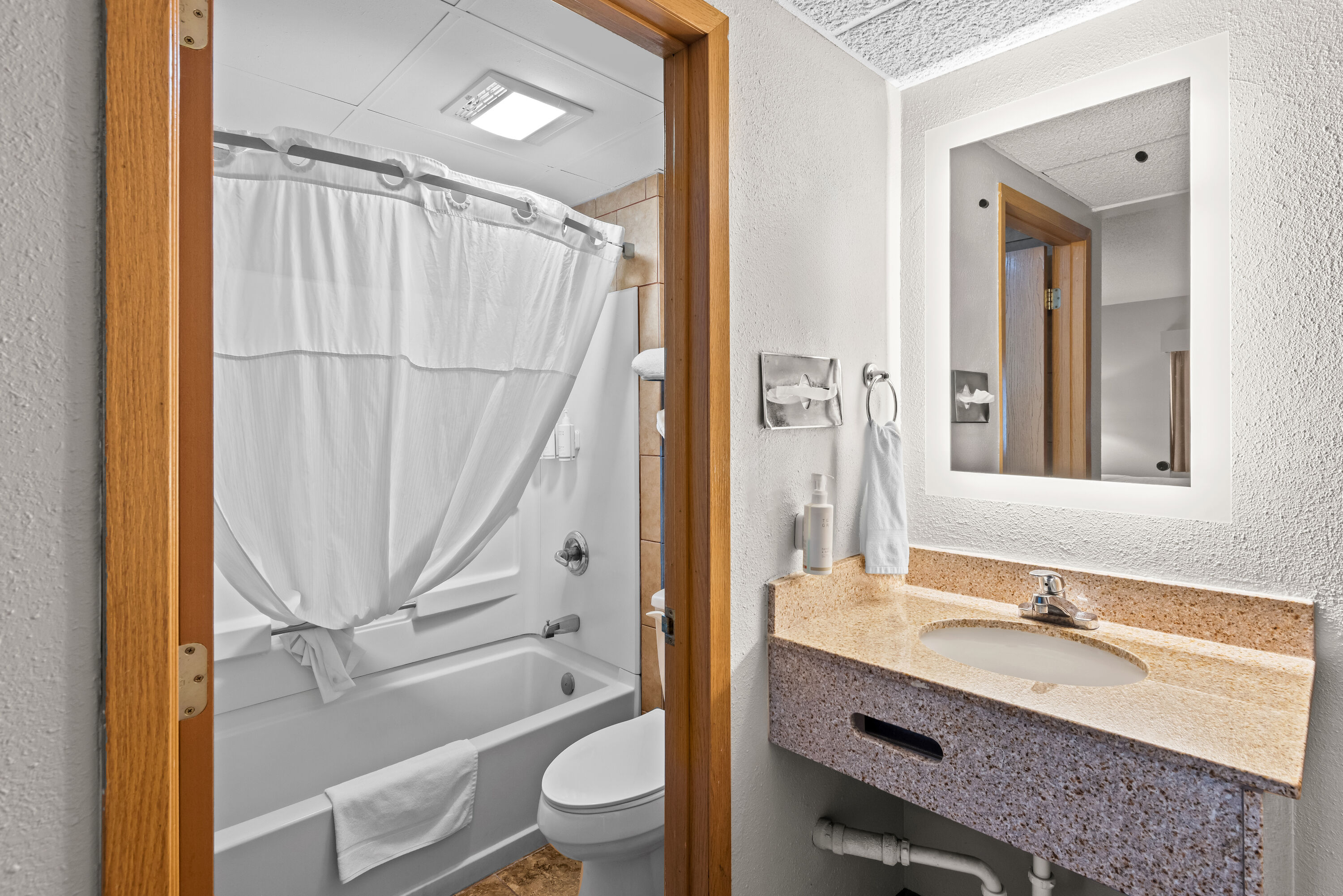 Guest room bath at the Days Inn by Wyndham Ames in Ames, Iowa