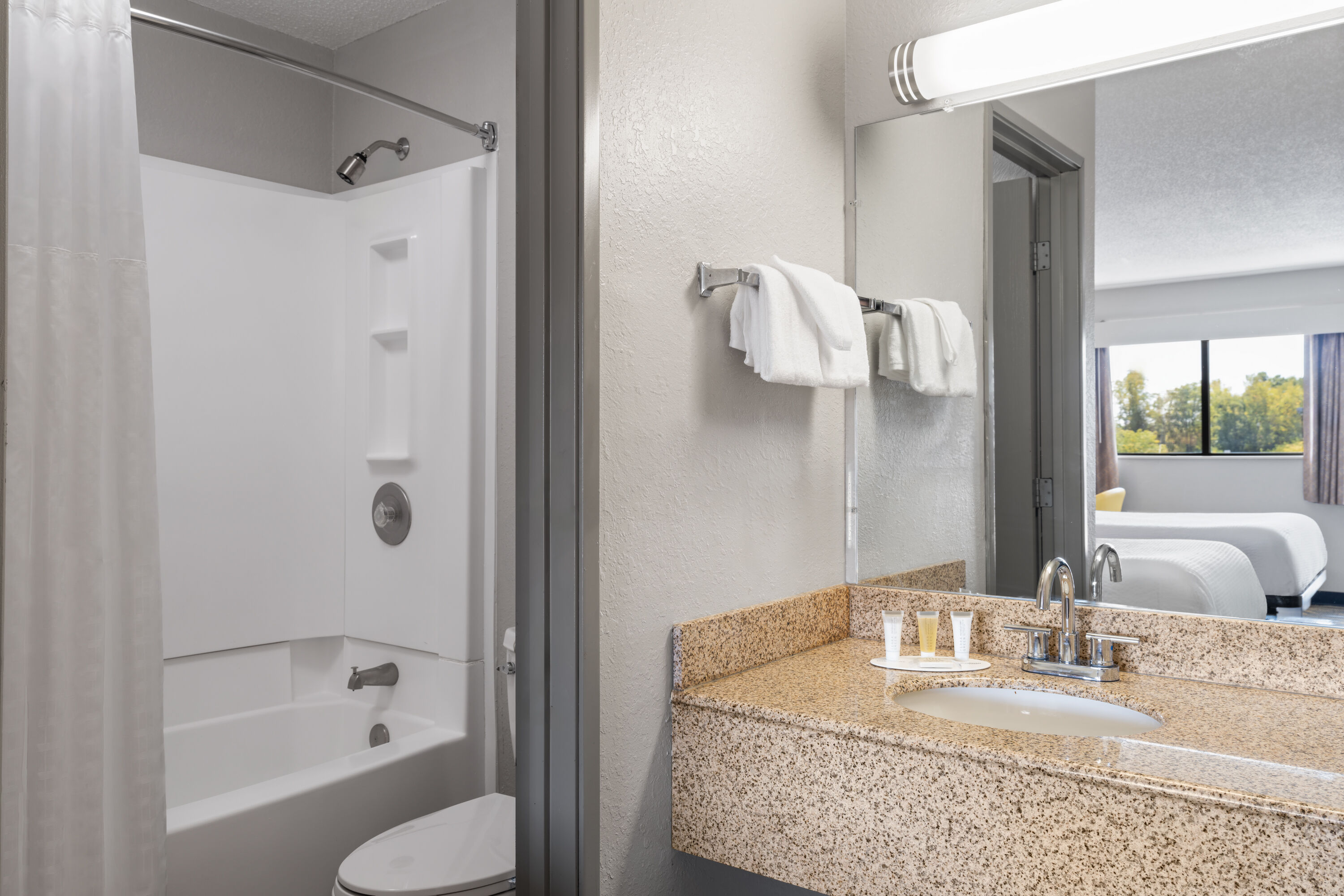 Guest room bath at the Days Inn by Wyndham Cloverdale Greencastle in Cloverdale, Indiana