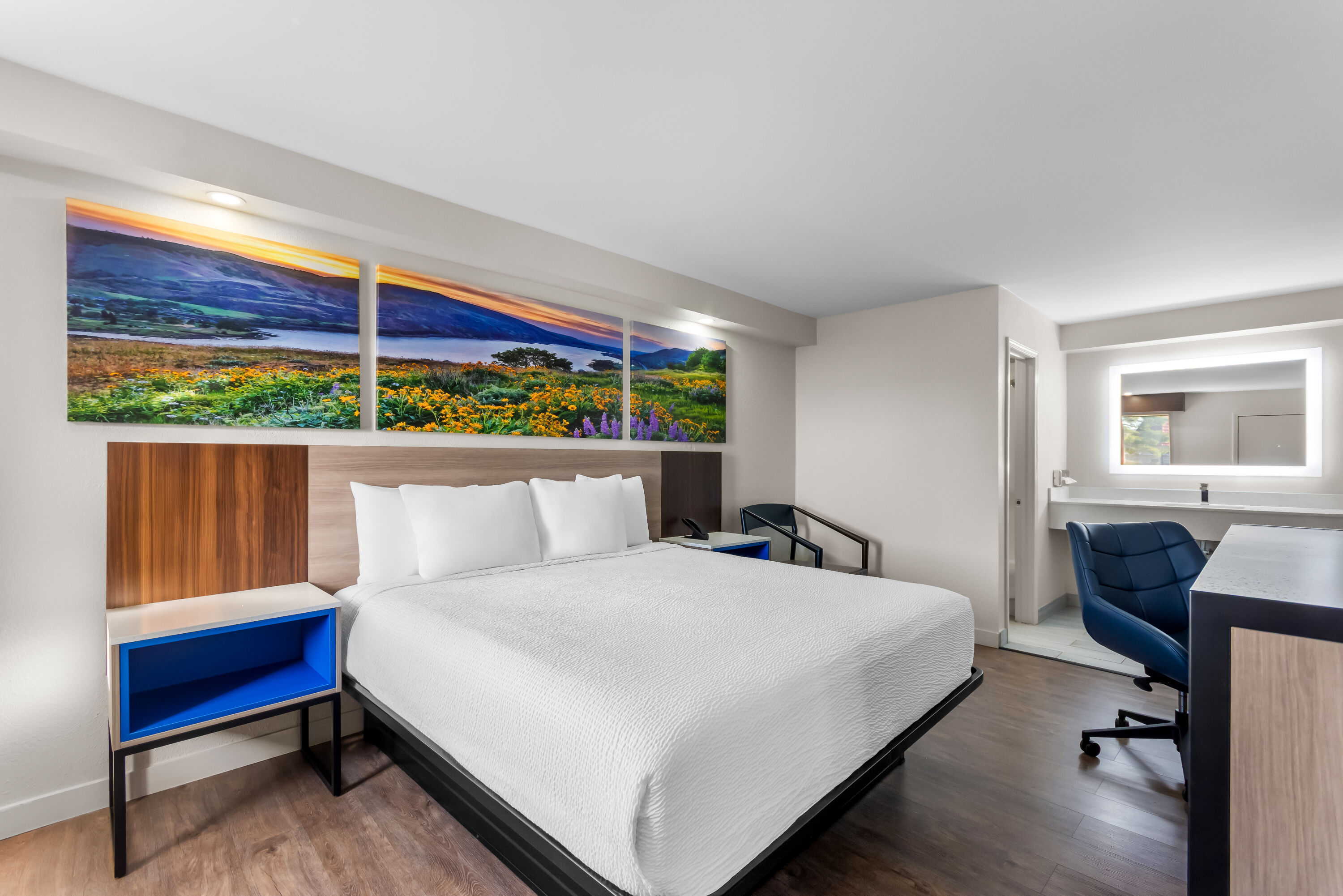 King bed guest room at the Days Inn by Wyndham Indianapolis East Post Road in Indianapolis, Indiana