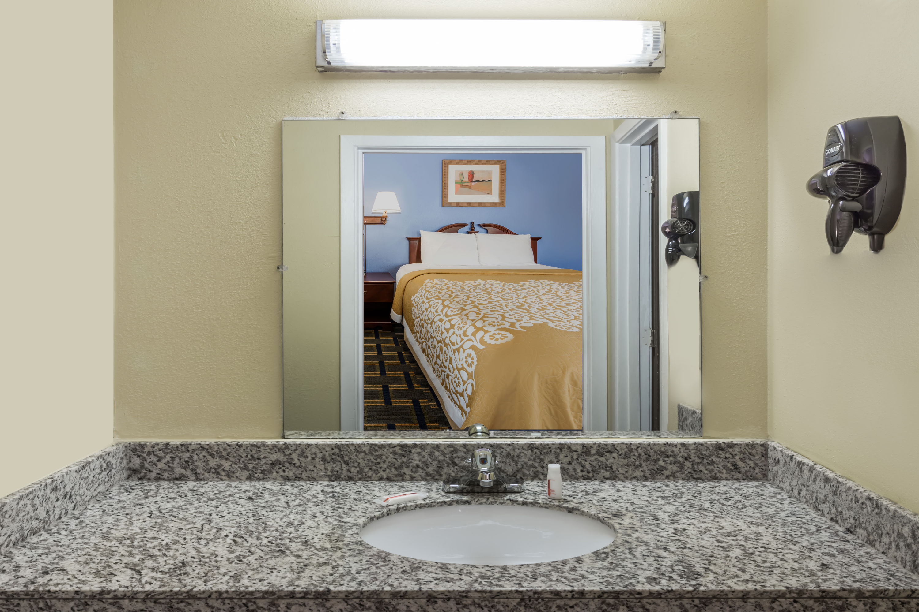 Guest room bath at the Days Inn by Wyndham Plymouth in Plymouth, Indiana
