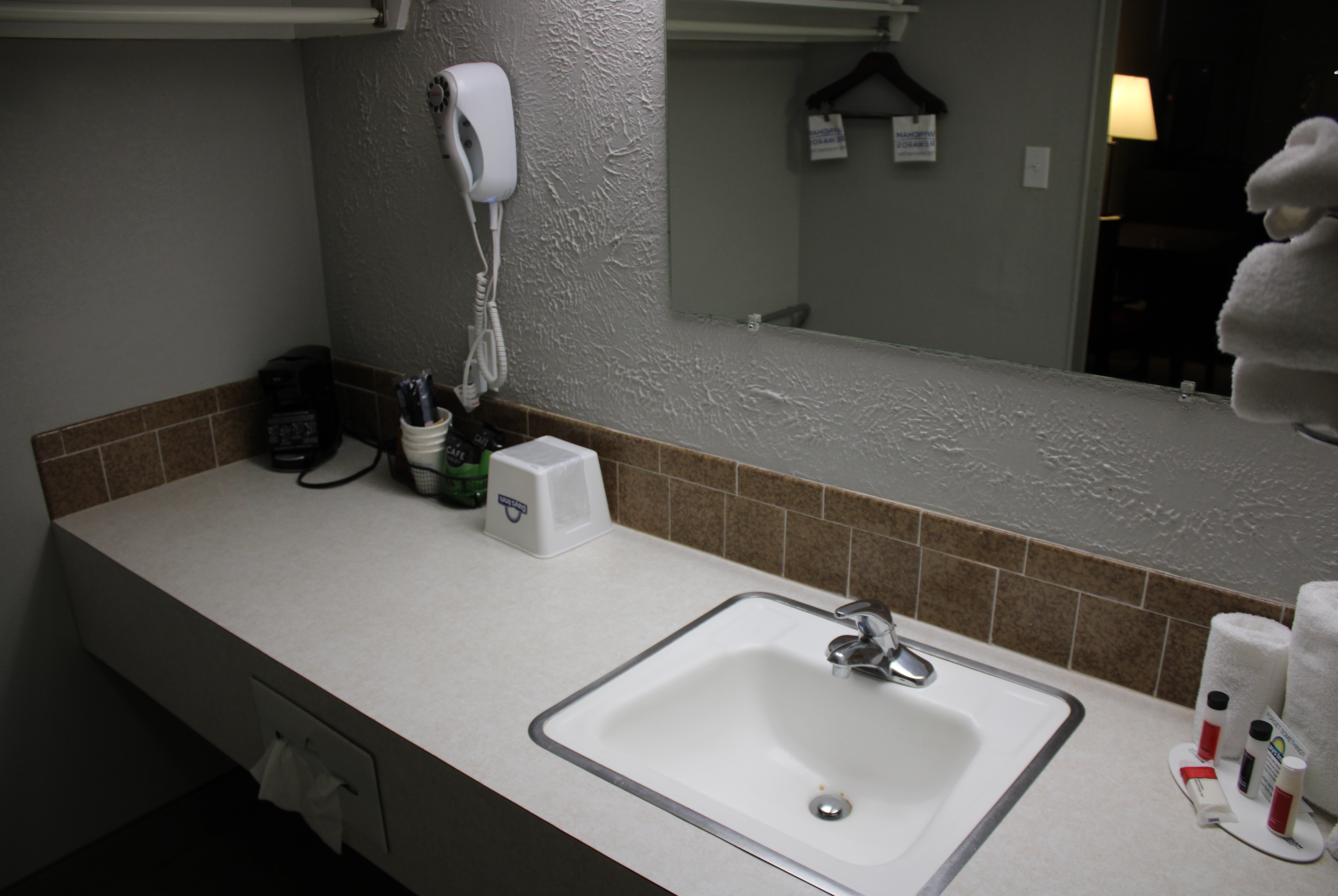 Guest room bath at the Days Inn by Wyndham Hays in Hays, Kansas