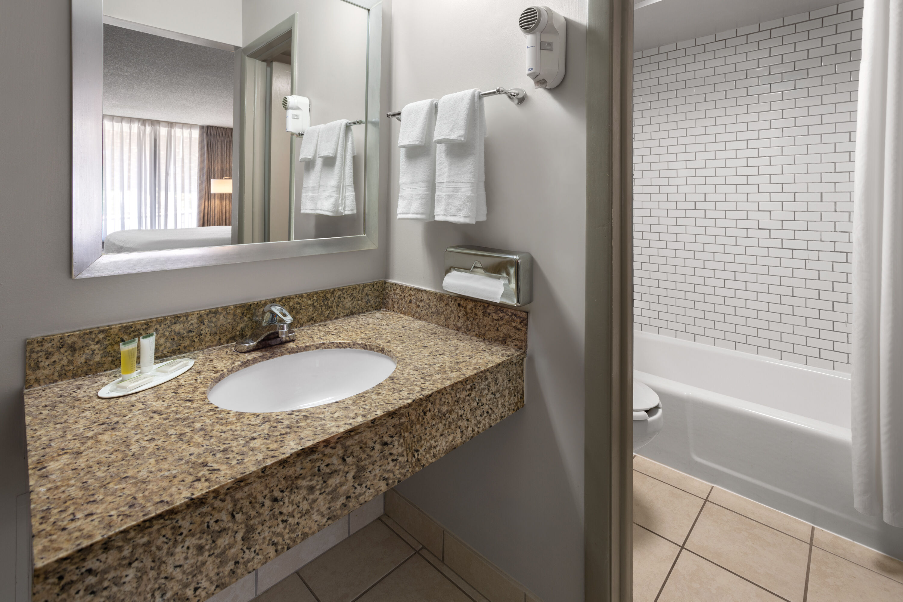 Guest room bath at the Days Inn by Wyndham Frederick in Frederick, Maryland