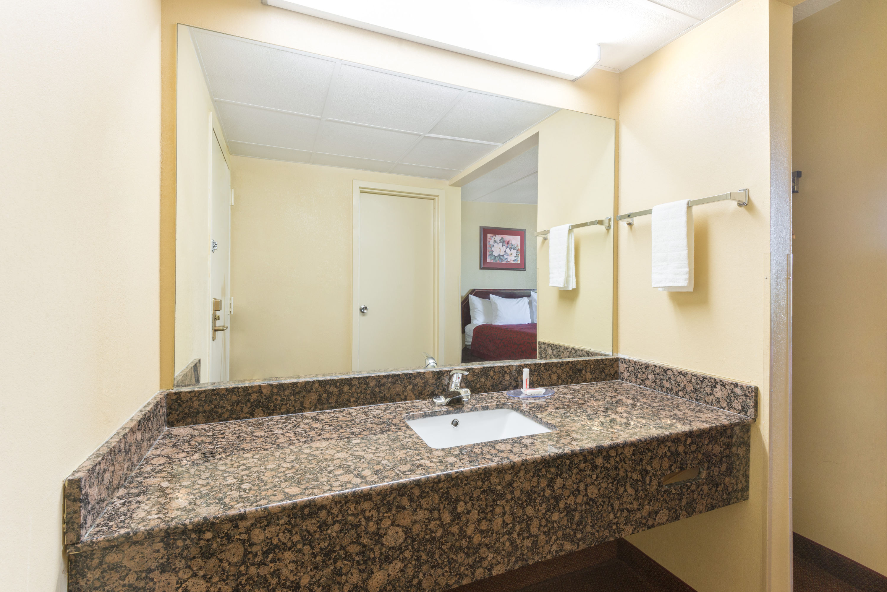 Guest room bath at the Days Inn by Wyndham Hagerstown I-70 in Hagerstown, Maryland