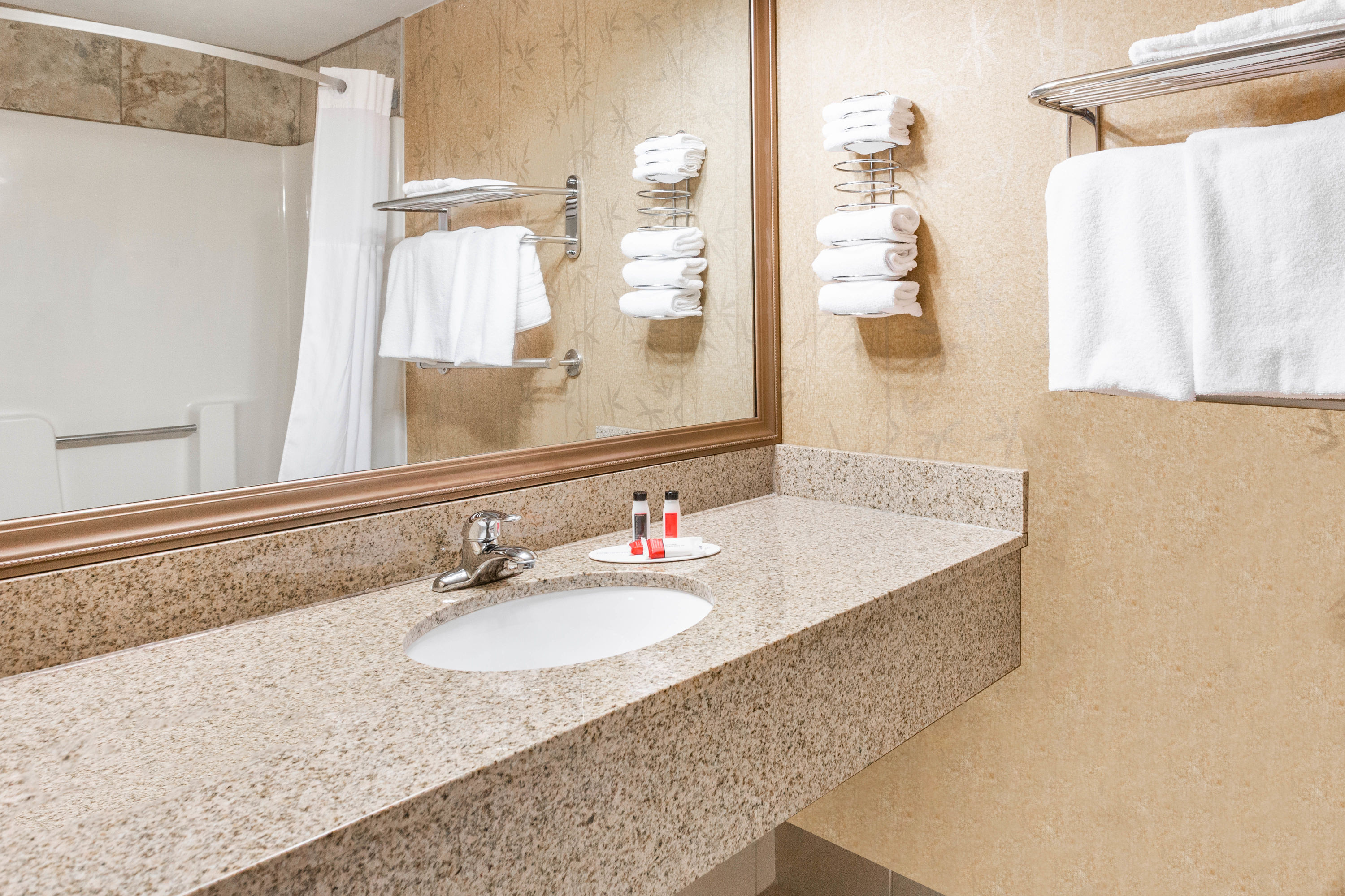 Guest room bath at the Days Inn by Wyndham Westminster in Westminster, Maryland