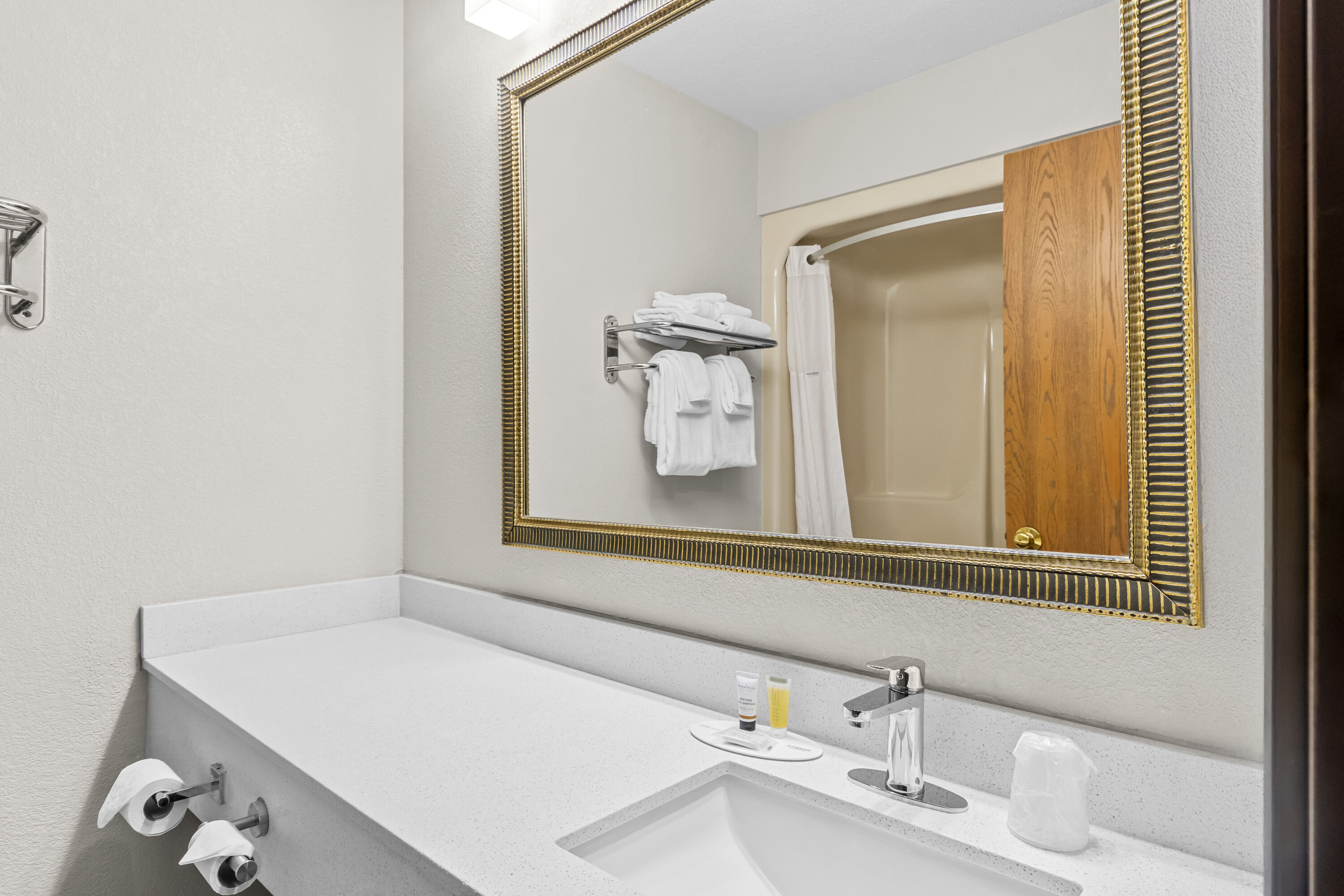 Guest room bath at the Days Inn by Wyndham Alpena in Alpena, Michigan