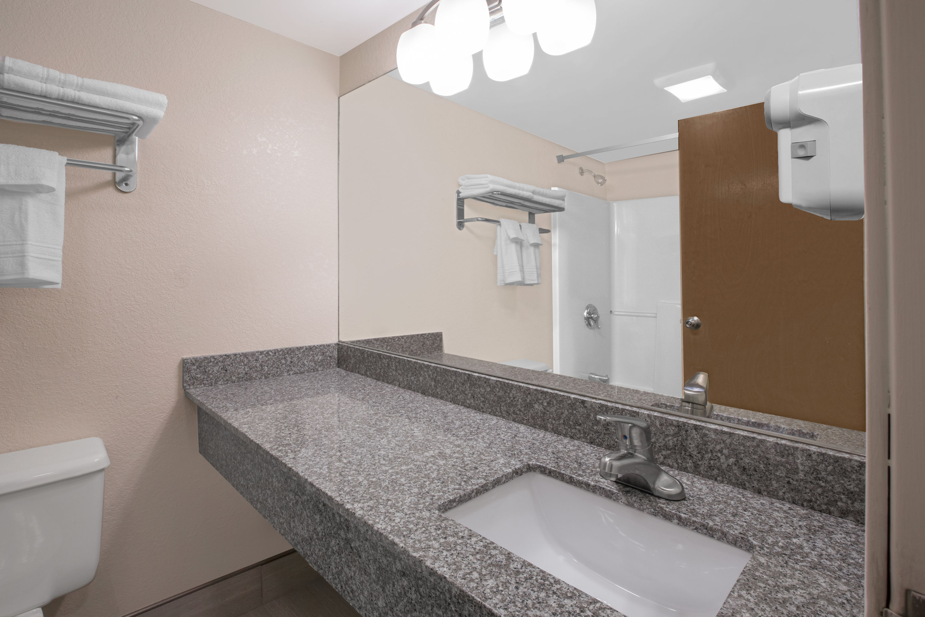 Guest room bath at the Days Inn by Wyndham Hillsdale in Hillsdale, Michigan