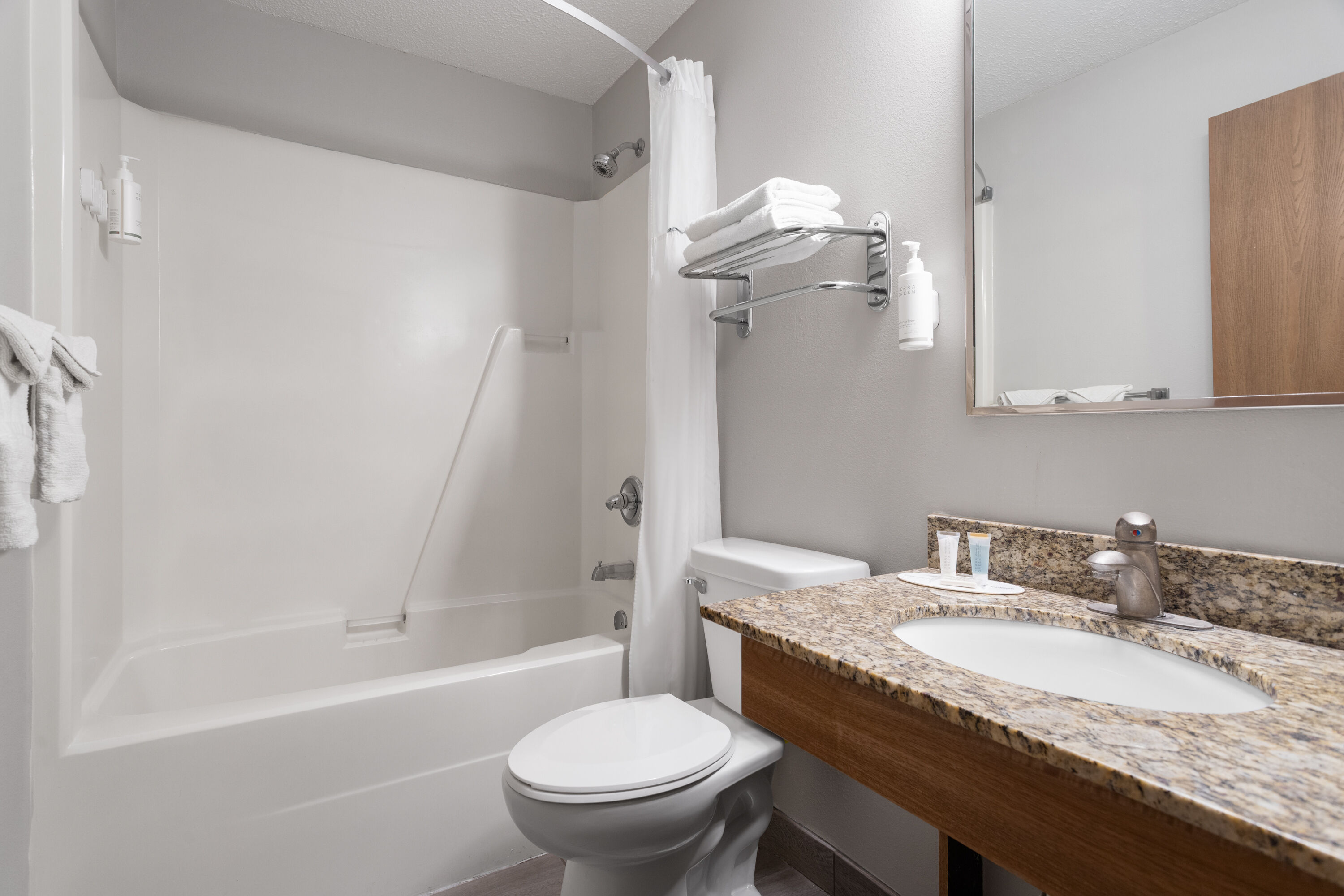 Guest room bath at the Days Inn by Wyndham Austin in Austin, Minnesota