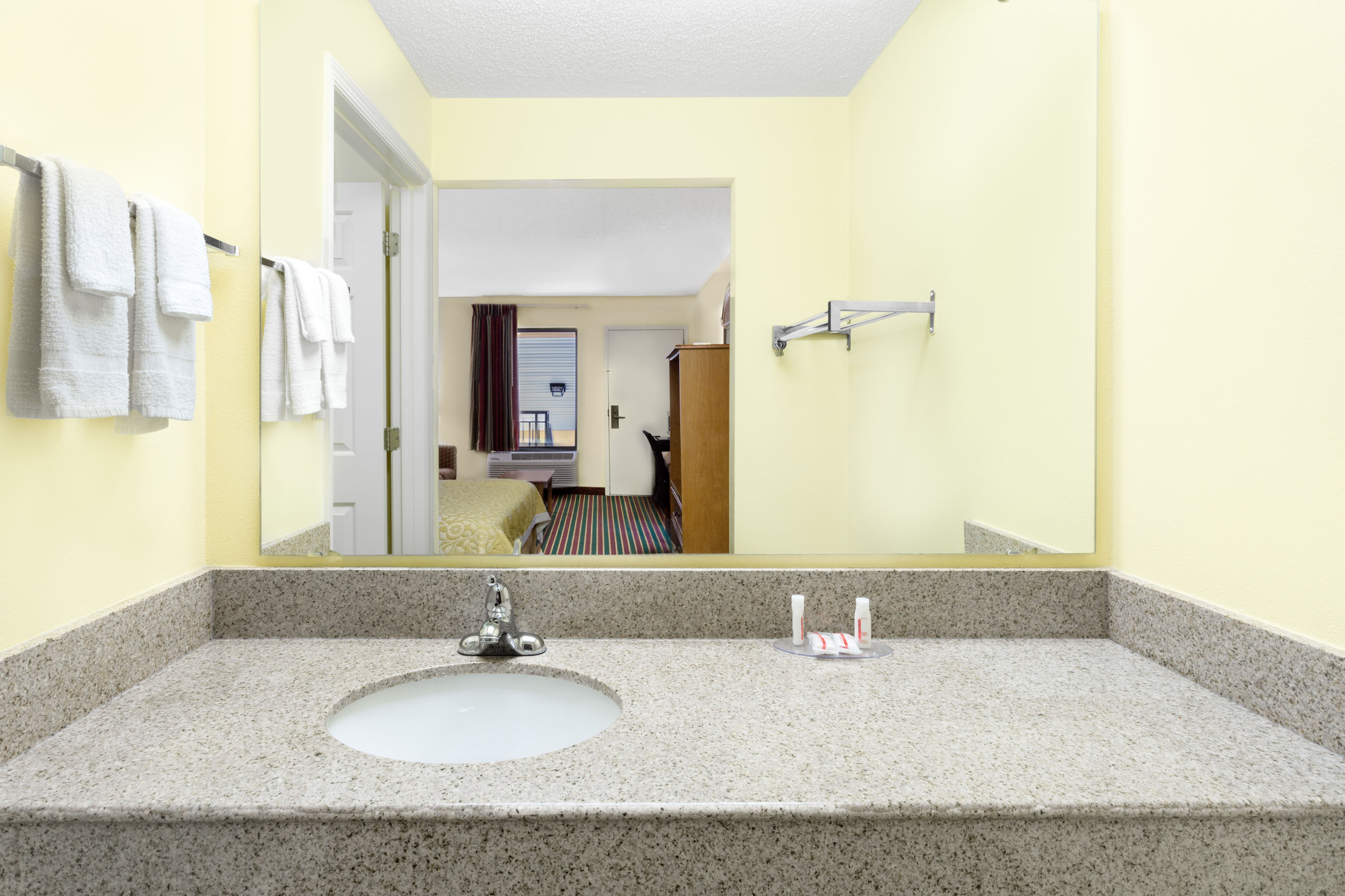 Guest room bath at the Days Inn by Wyndham Biscoe in Biscoe, North Carolina