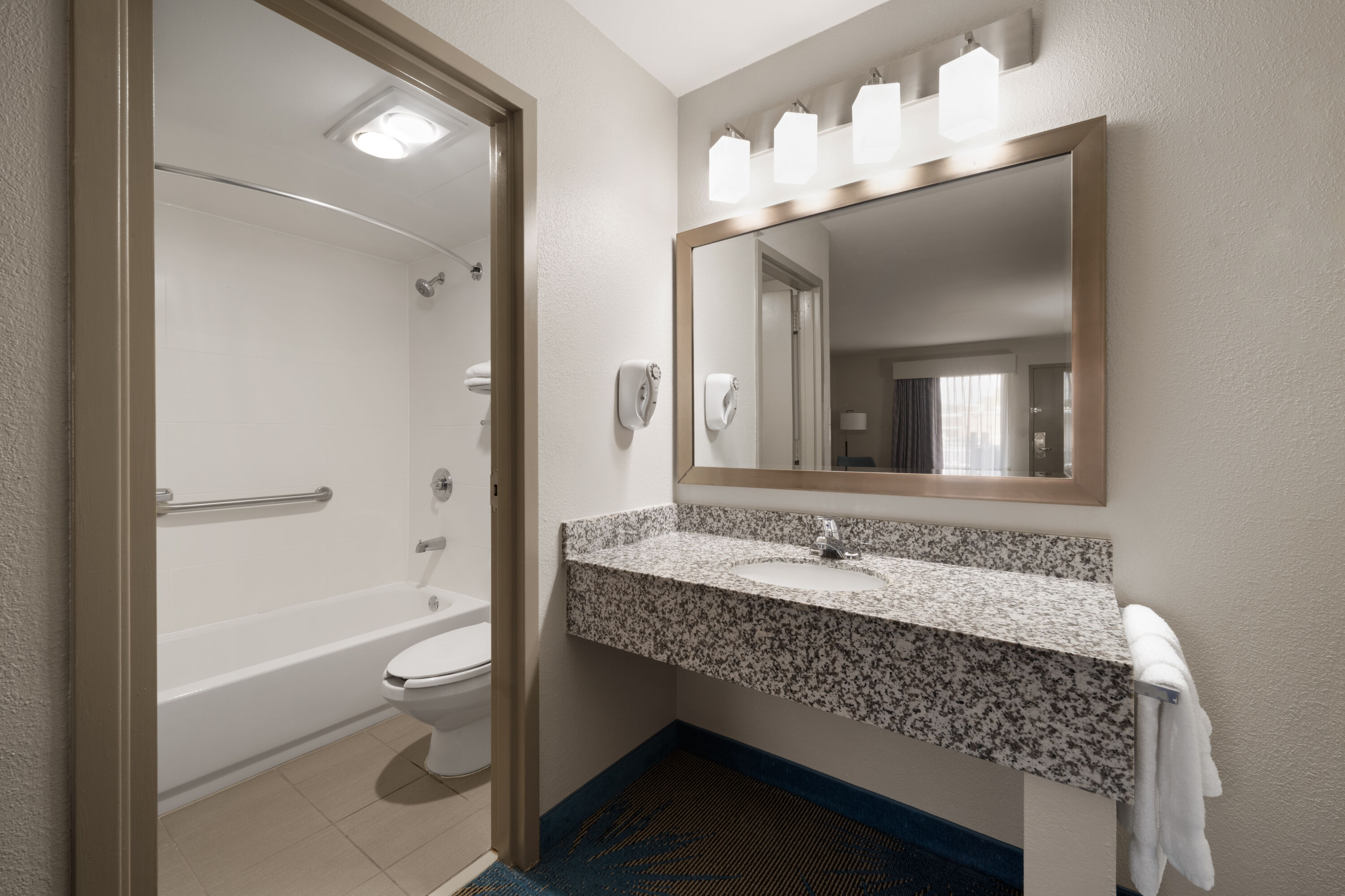 Guest room bath at the Days Inn by Wyndham Murphy in Murphy, North Carolina