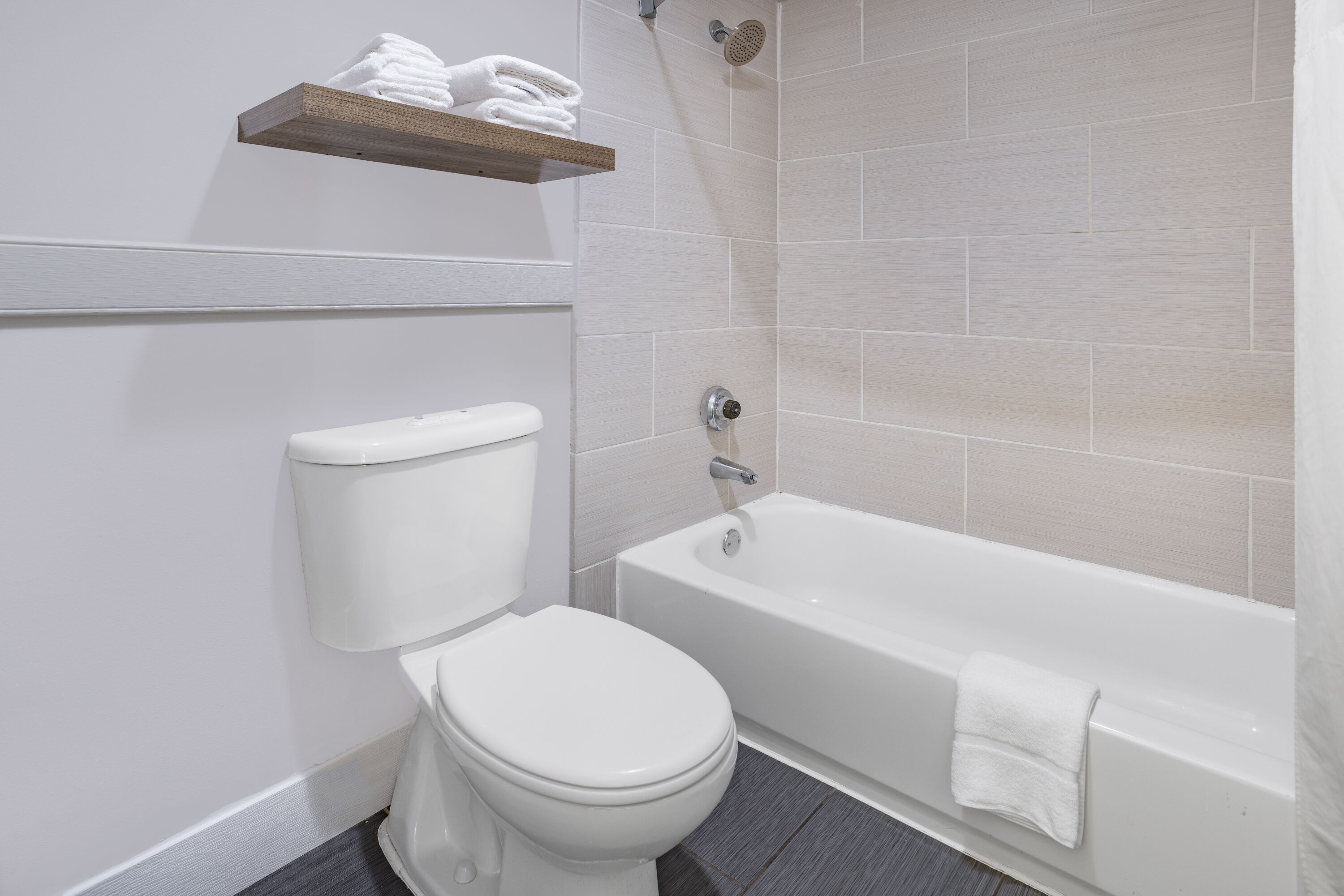 Guest room bath at the Days Inn by Wyndham Raleigh Glenwood-Crabtree in Raleigh, North Carolina