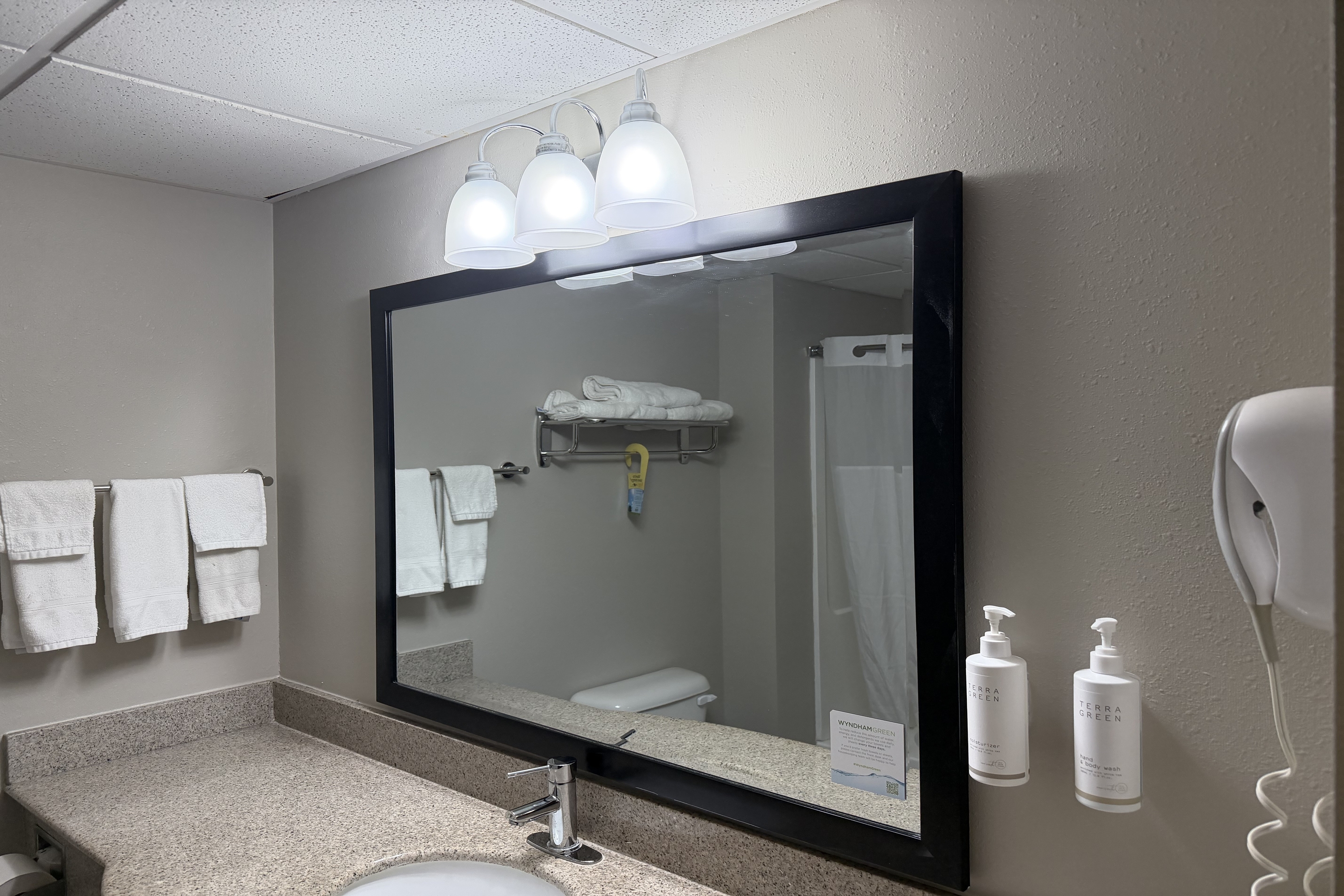 Guest room bath at the Days Inn by Wyndham Budd Lake in Budd Lake, New Jersey