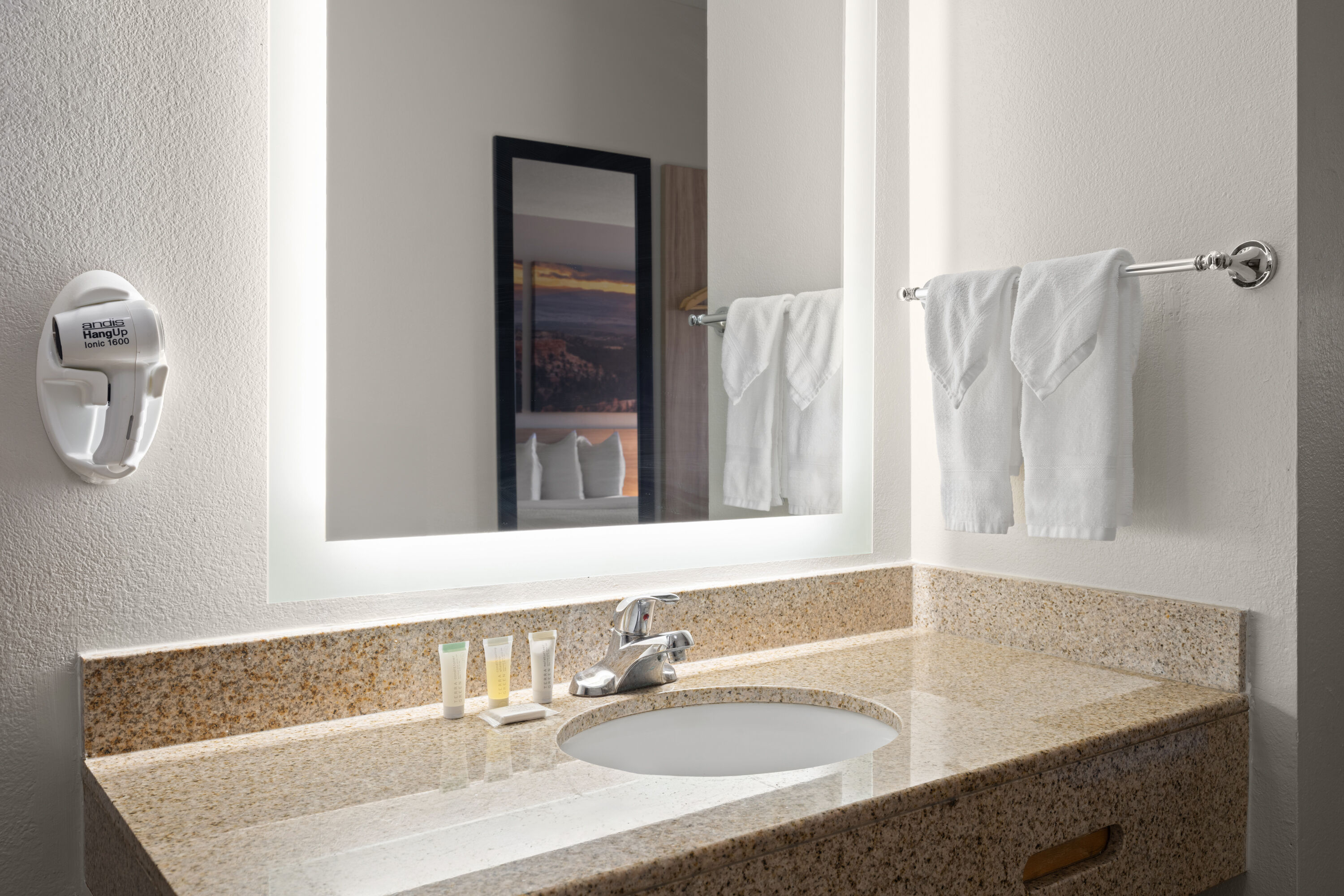 Guest room bath at the Days Inn by Wyndham Las Vegas in Las Vegas, New Mexico