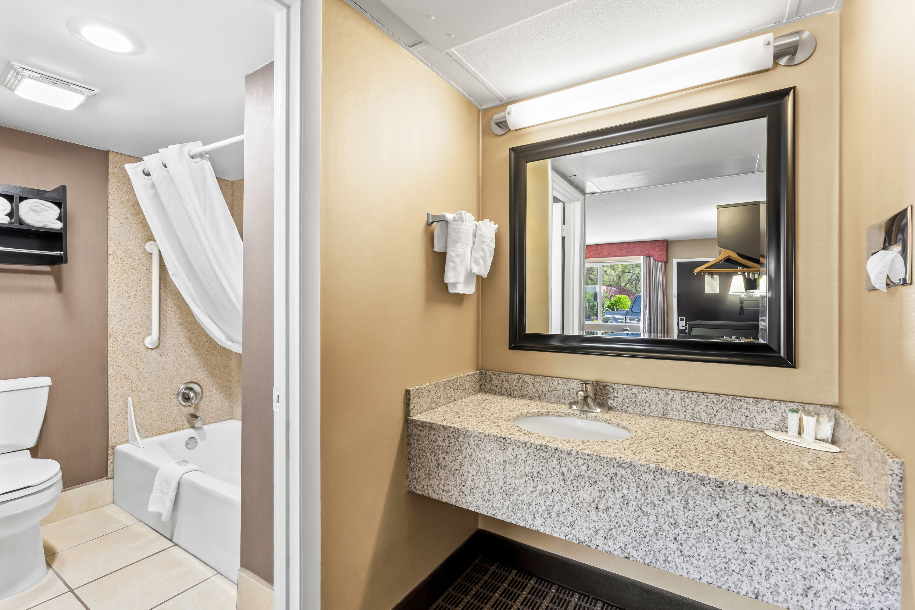 Guest room bath at the Days Inn by Wyndham Elko in Elko, Nevada