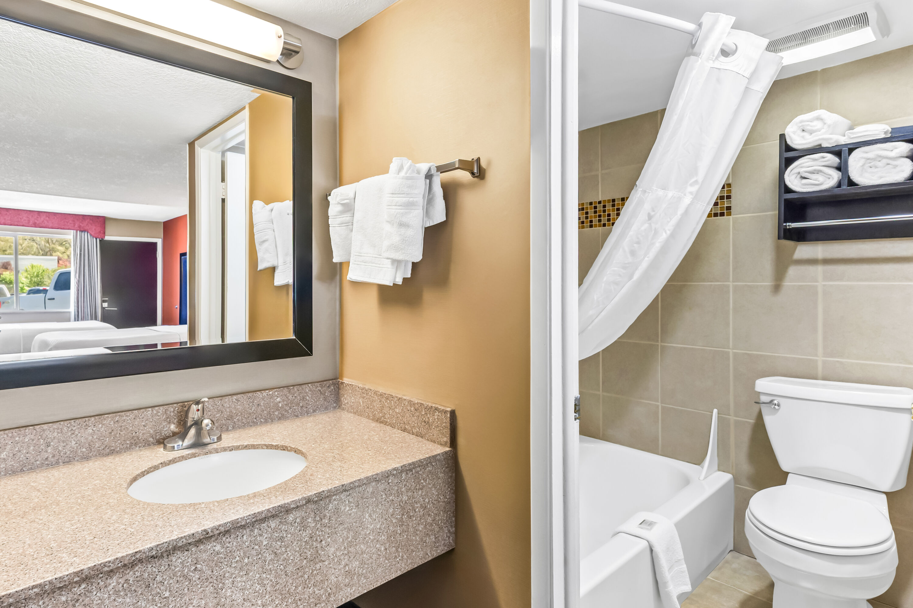 Guest room bath at the Days Inn by Wyndham Elko in Elko, Nevada