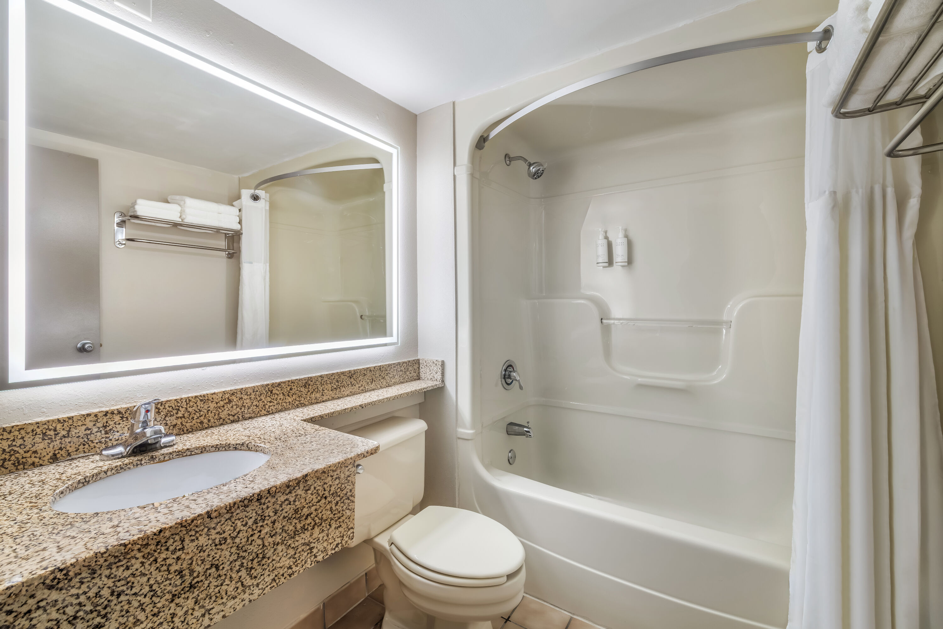 Guest room bath at the Days Inn by Wyndham Geneva/Finger Lakes in Geneva, New York