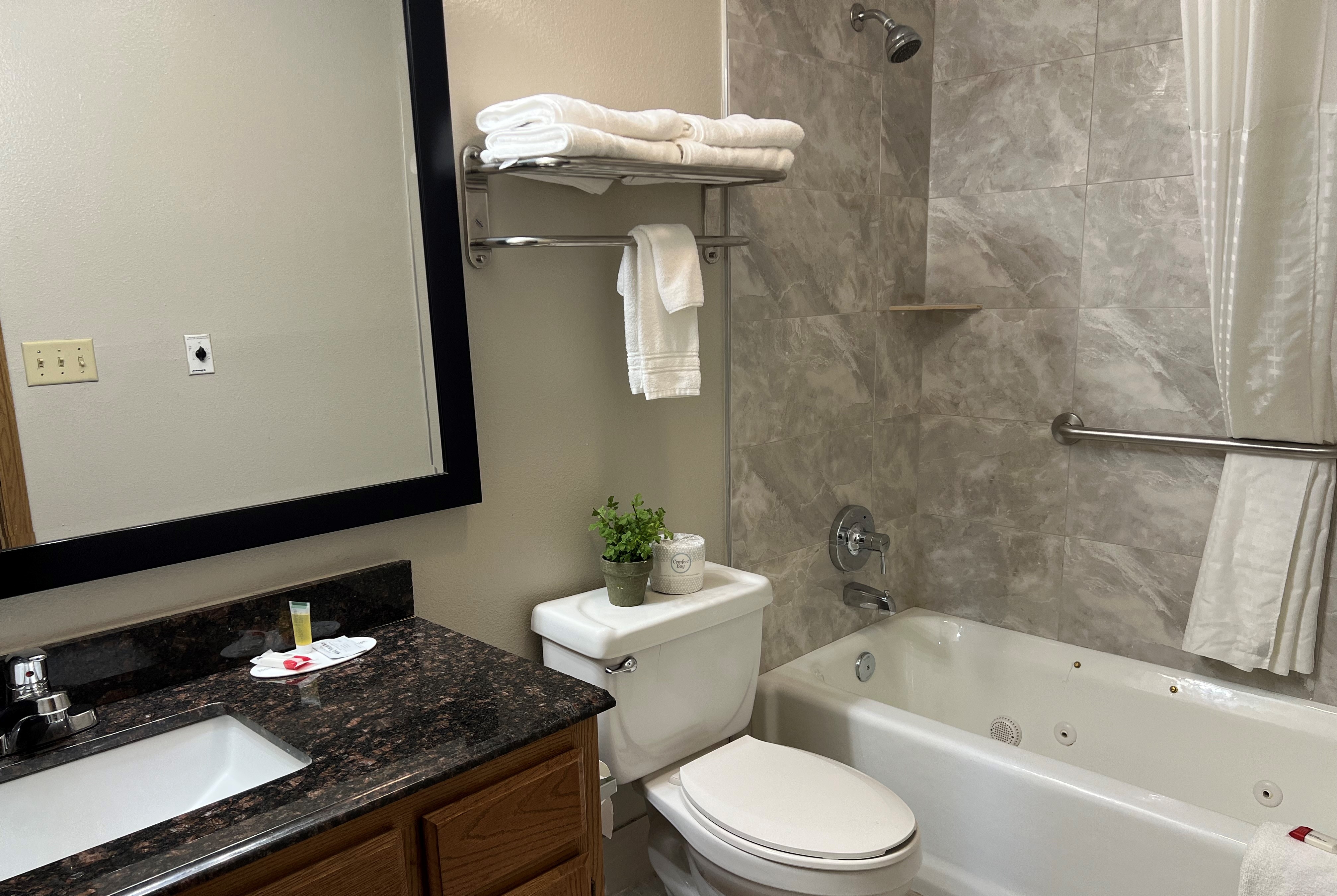 Guest room bath at the Days Inn by Wyndham Grove in Grove, Oklahoma