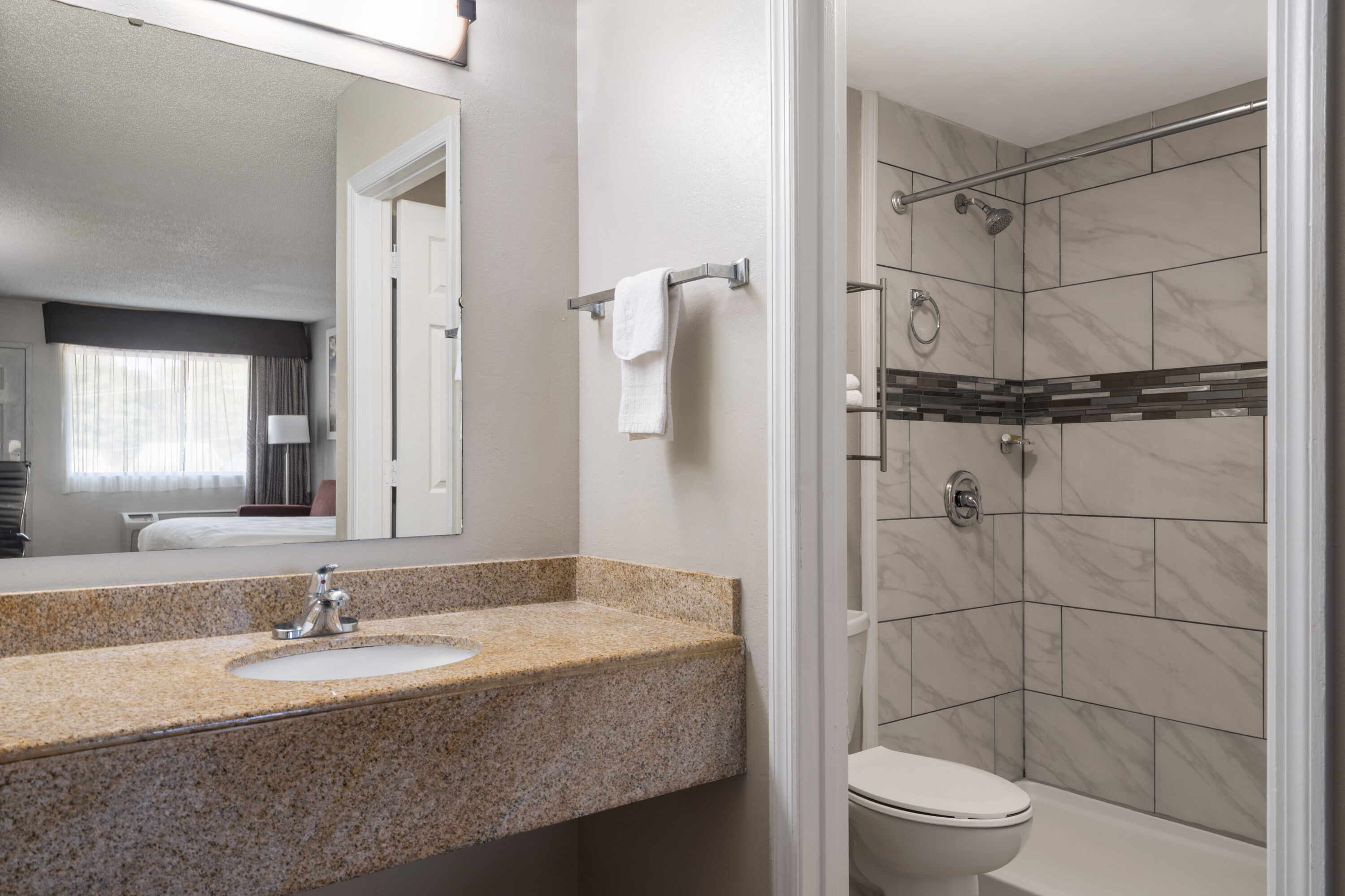 Guest room bath at the Days Inn by Wyndham Anderson/Clemson Area in Anderson, South Carolina