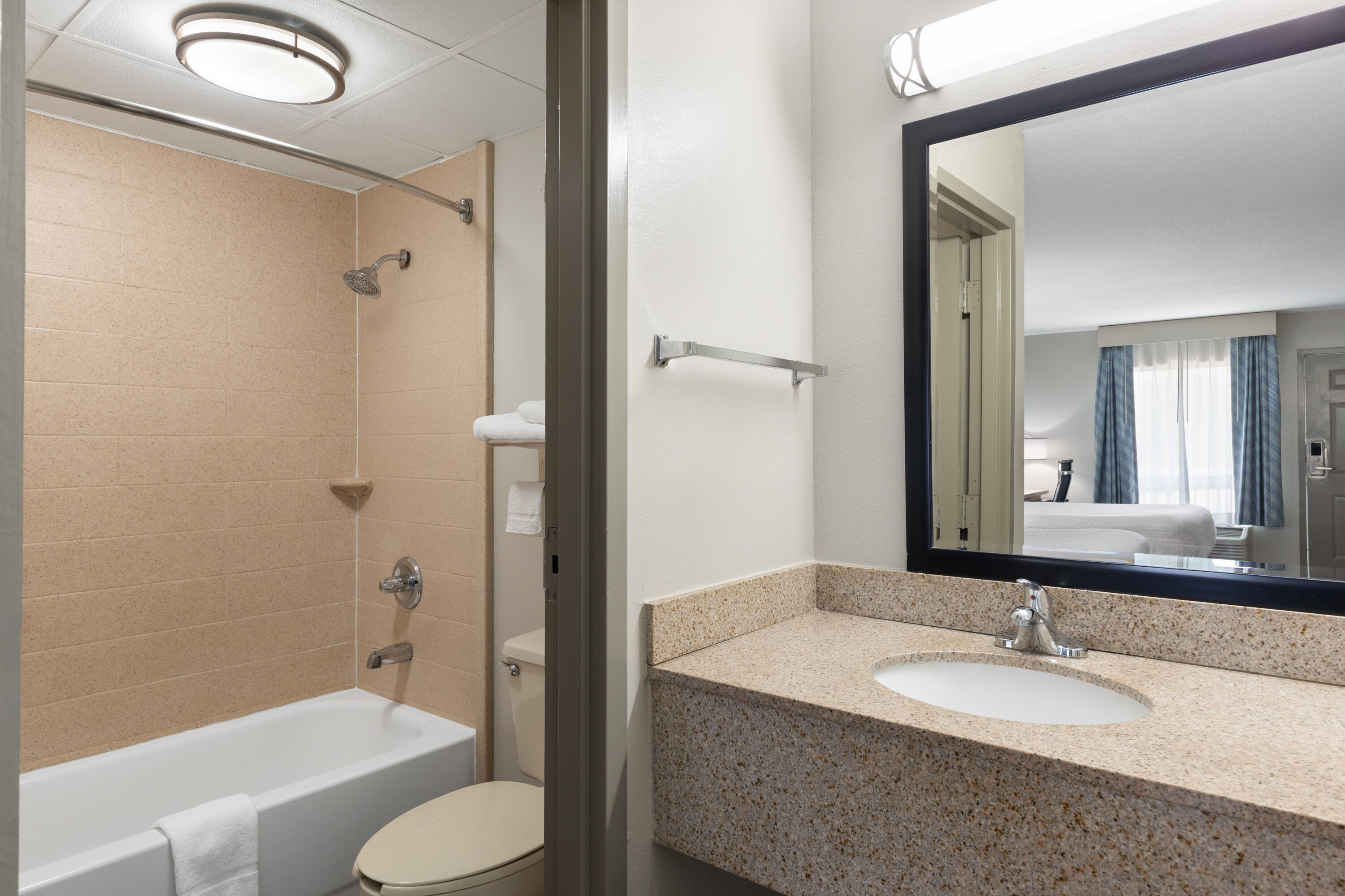 Guest room bath at the Days Inn by Wyndham Clarksville North in Clarksville, Tennessee