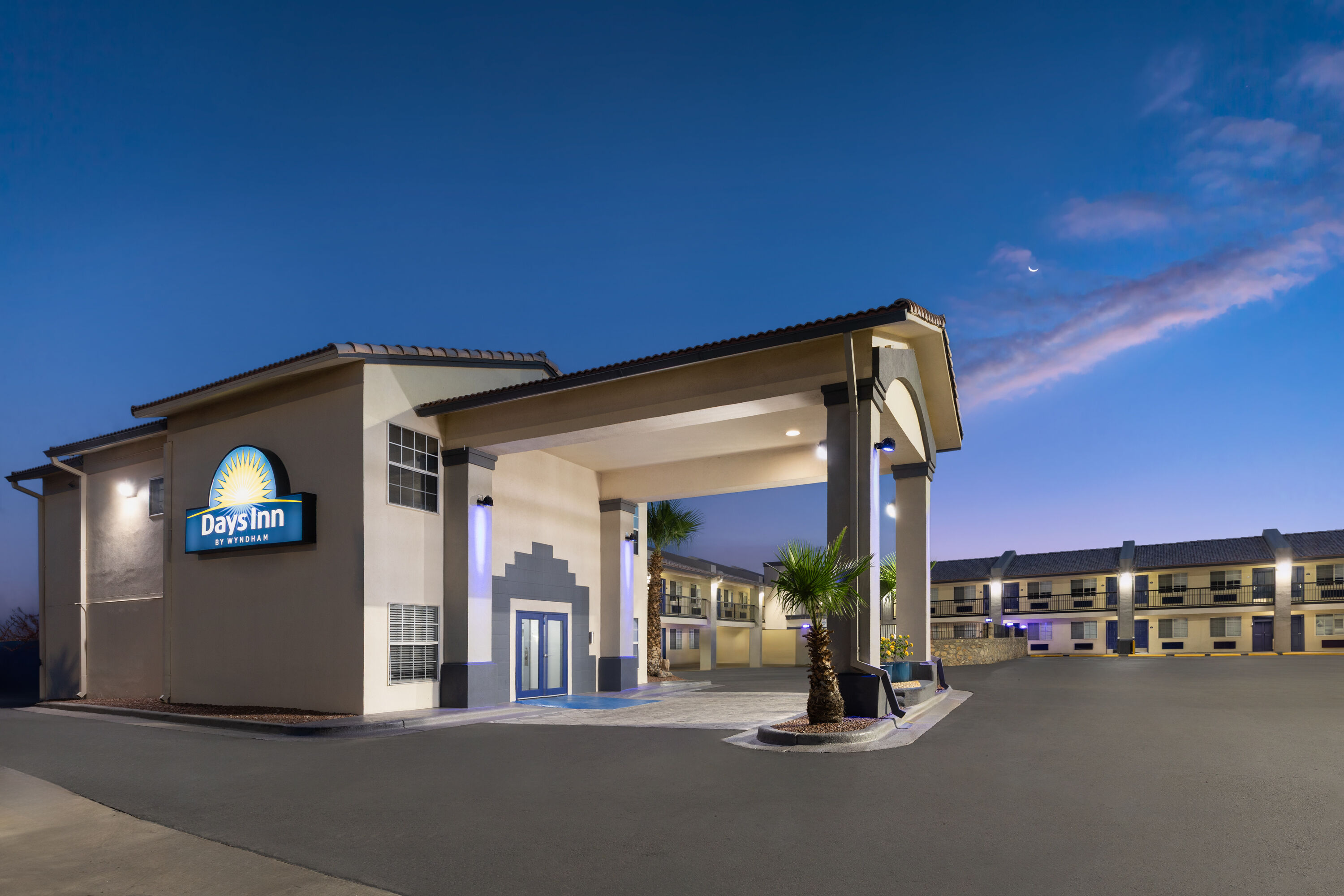 Exterior Dusk Image of Days Inn by Wyndham El Paso West hotel in El Paso, Texas