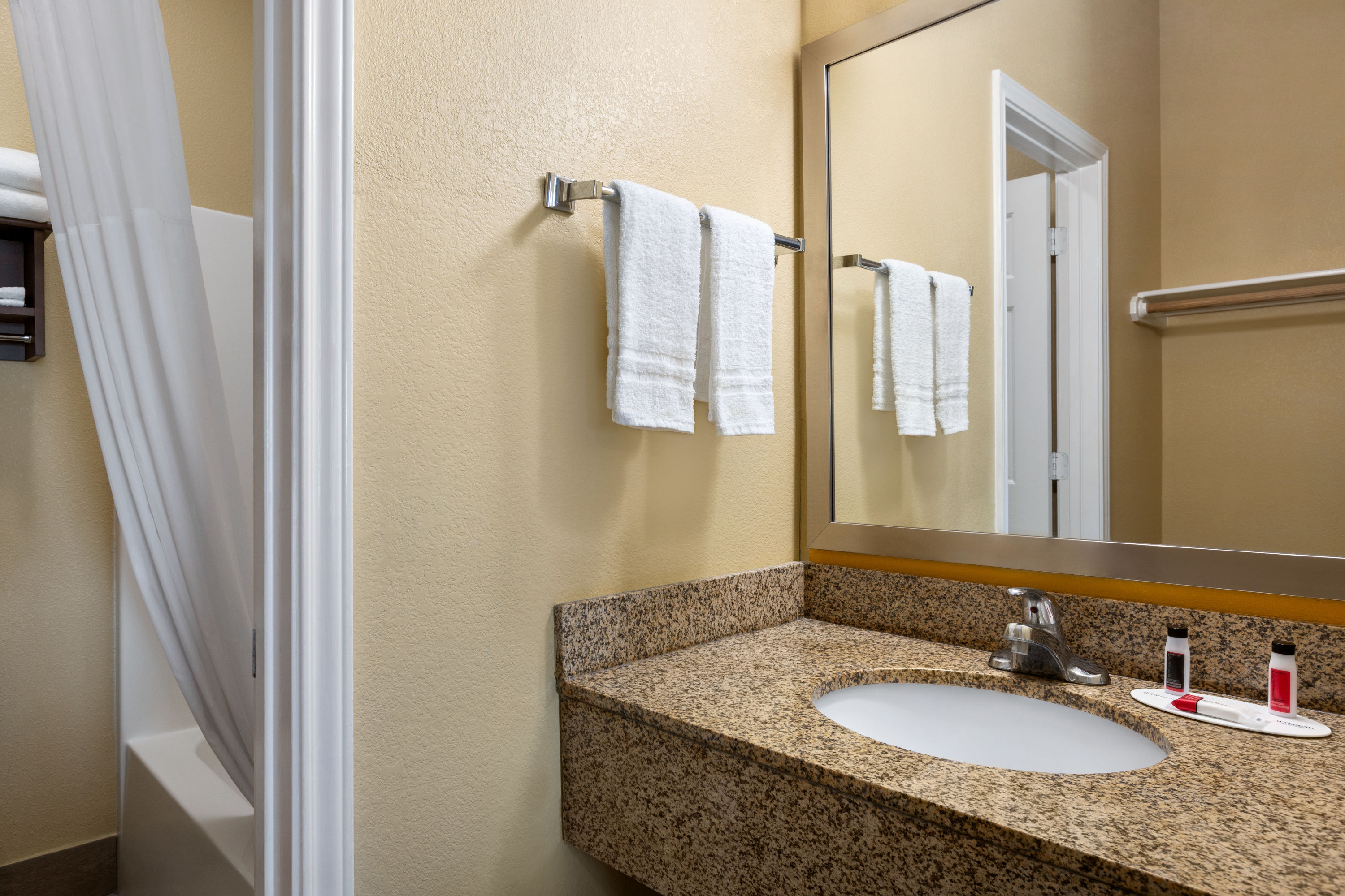 Guest room bath at the Days Inn by Wyndham Port Aransas TX in Port Aransas, Texas