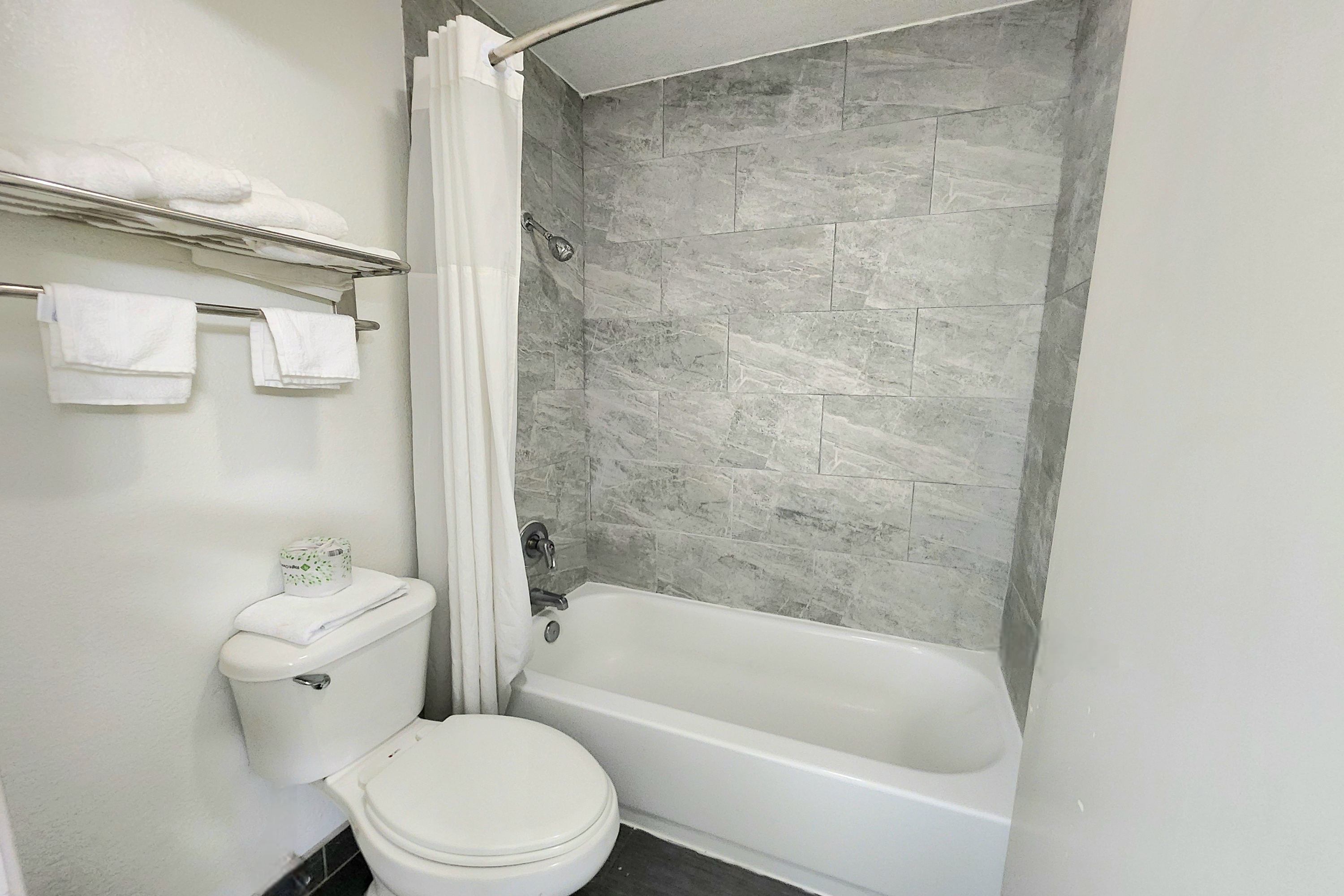 Guest room bath at the Days Inn by Wyndham San Antonio Southeast/Frost Bank Center in San Antonio, Texas