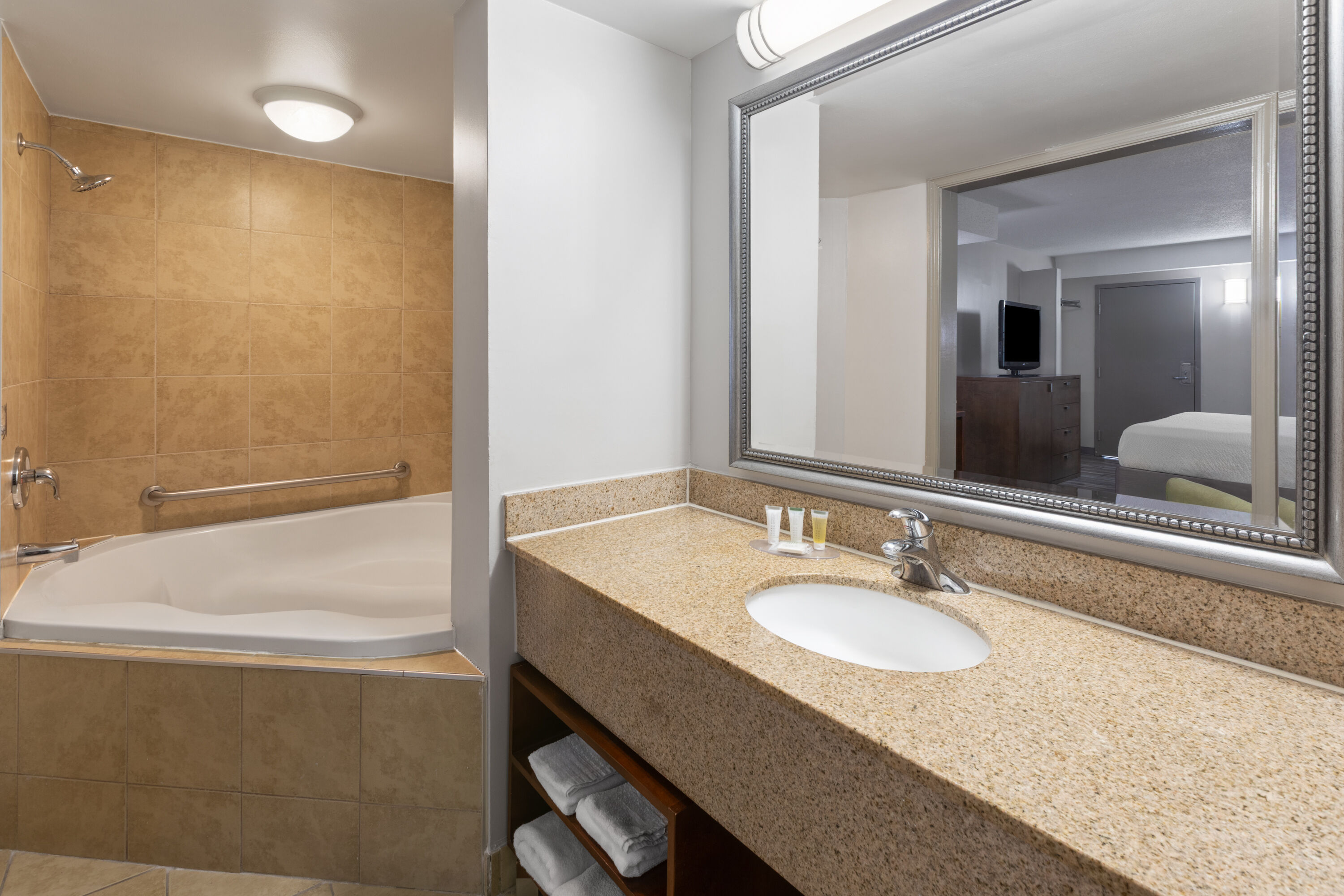 Guest room bath at the Days Inn by Wyndham Dumfries Quantico in Dumfries, Virginia