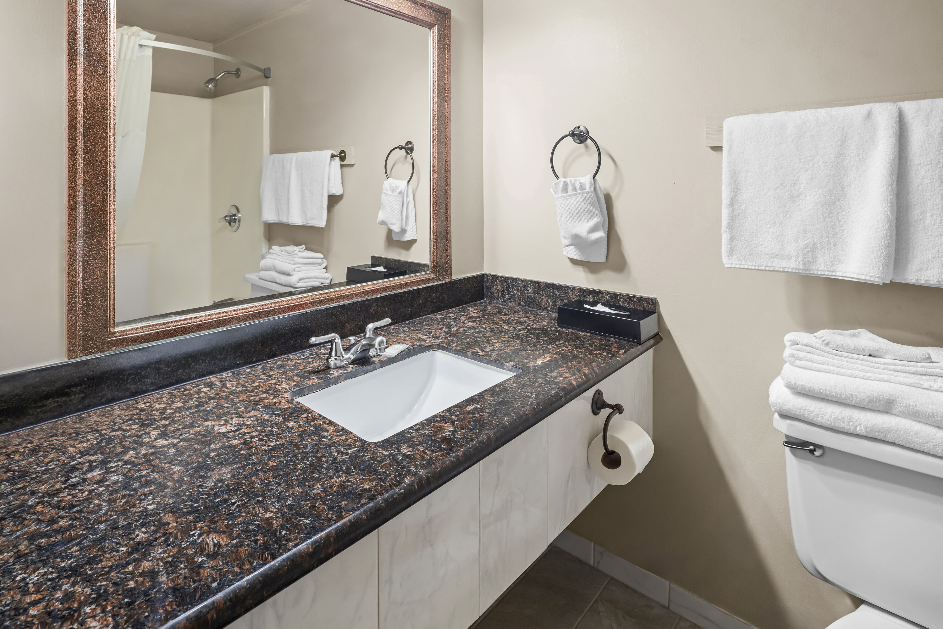 Guest room bath at the Days Inn by Wyndham Mt. Vernon in Mount Vernon, Washington
