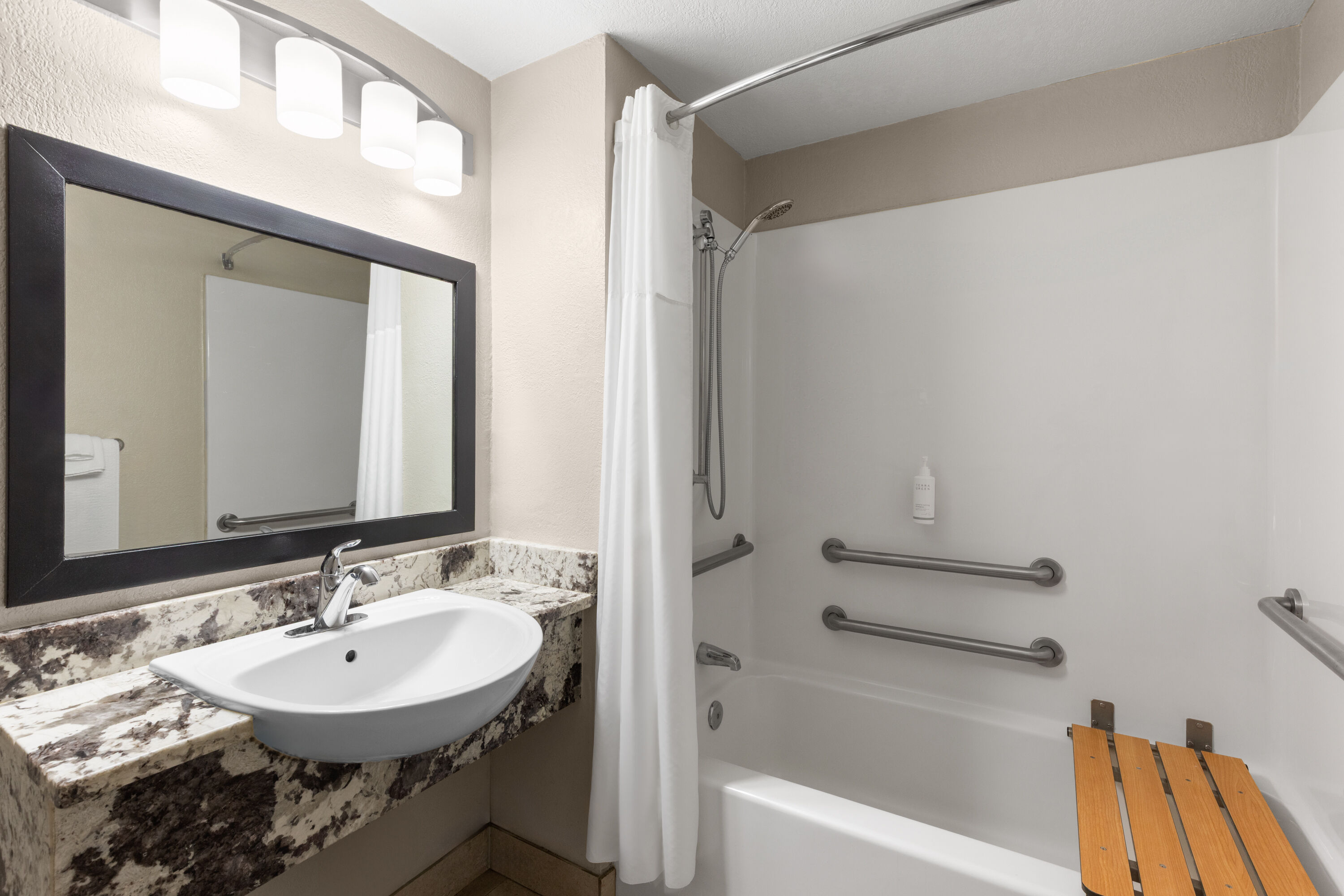 Guest room bath at the Days Inn by Wyndham Charleston WV in Charleston, West Virginia