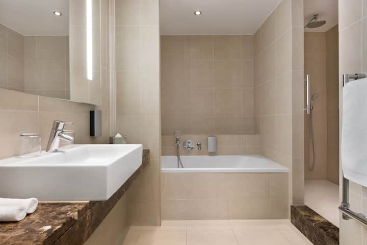 Guest room bath at the Dolce by Wyndham La Hulpe Brussels in La Hulpe, Other than US/Canada