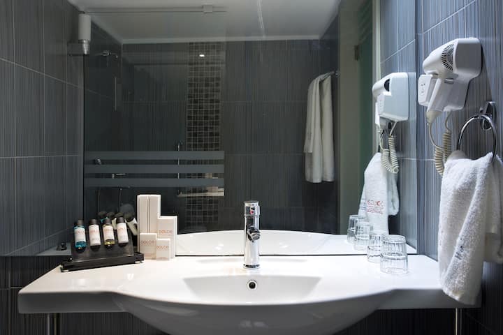 Guest room bath at the Dolce by Wyndham Athens Attica Riviera in Vravrona, Other than US/Canada
