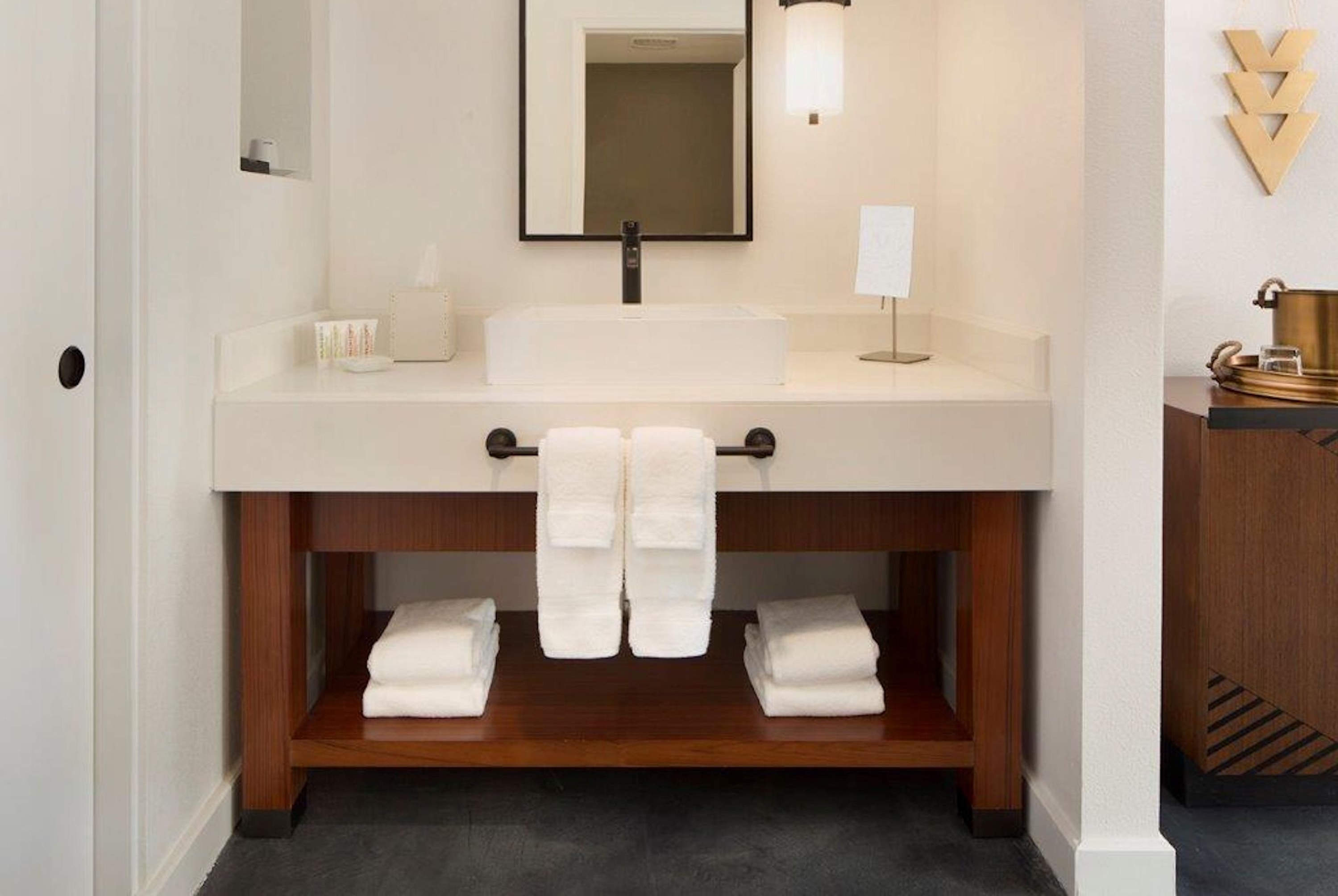 Guest room bath at the V Capri Palm Springs, a Dolce by Wyndham in Palm Springs, California