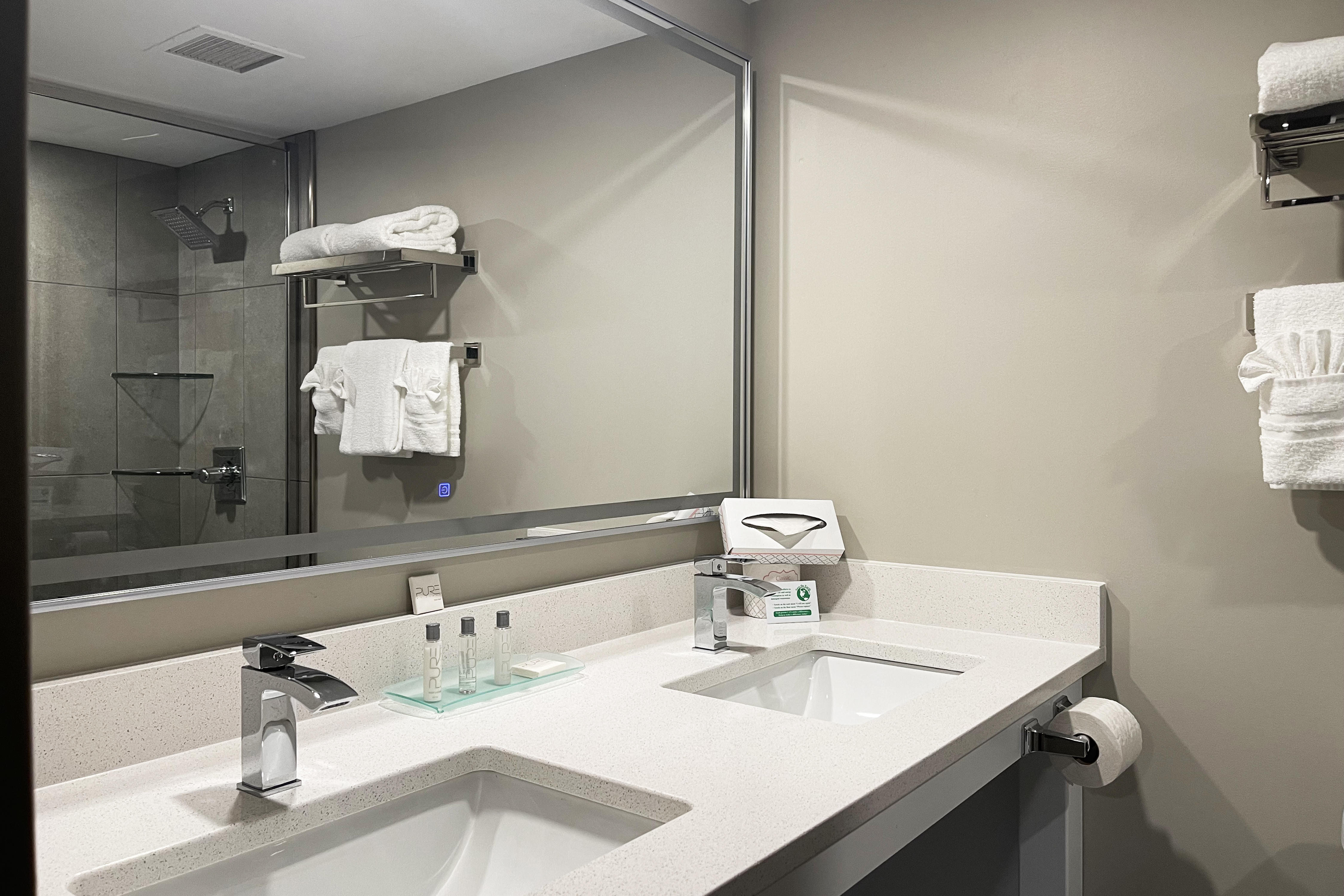 Guest room bath at the Chateau Hotel and Conference Center in Bloomington, Illinois