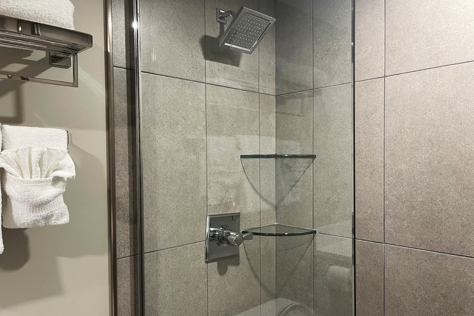 Guest room bath at the Chateau Hotel and Conference Center in Bloomington, Illinois