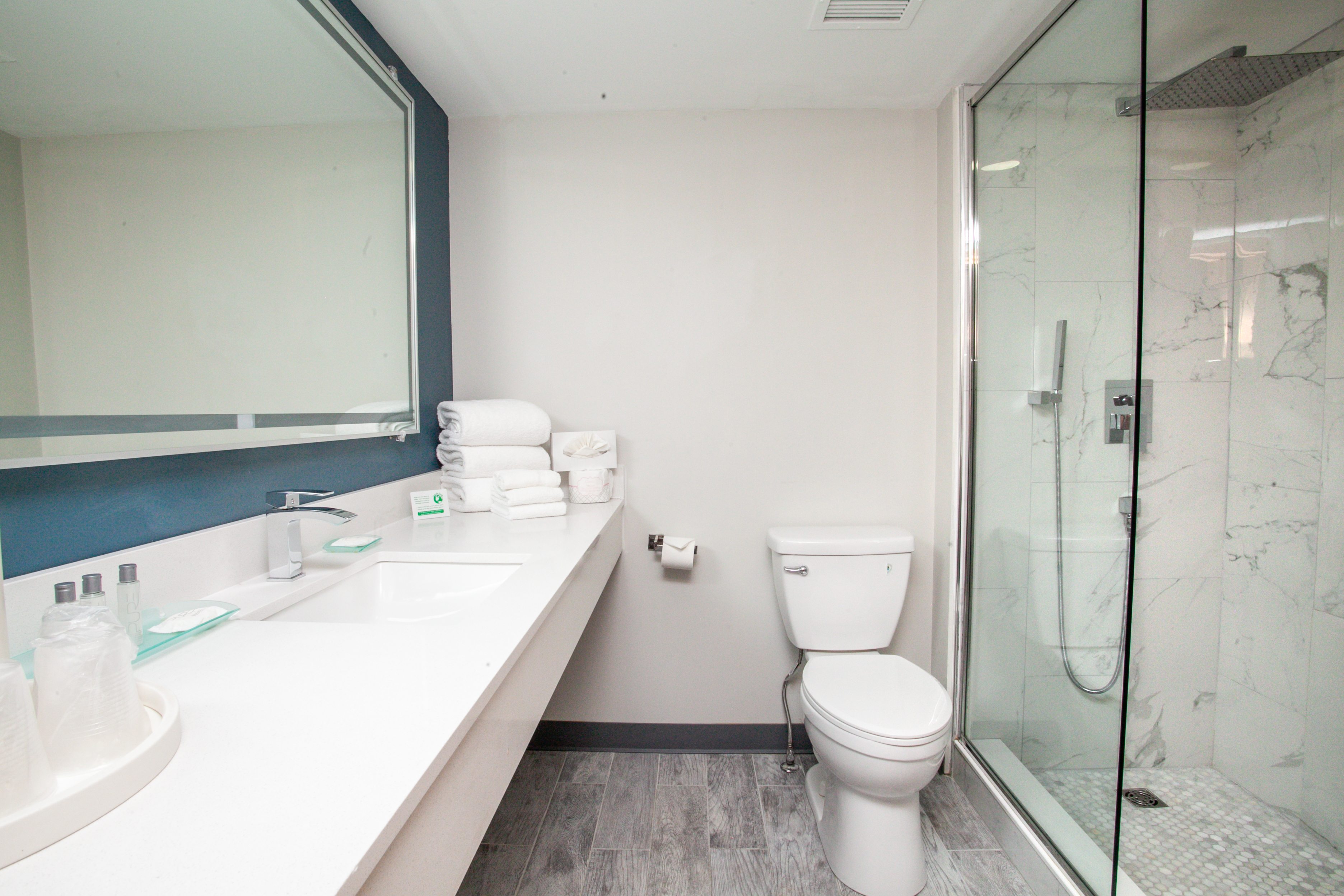 Guest room bath at the Chateau Hotel and Conference Center in Bloomington, Illinois