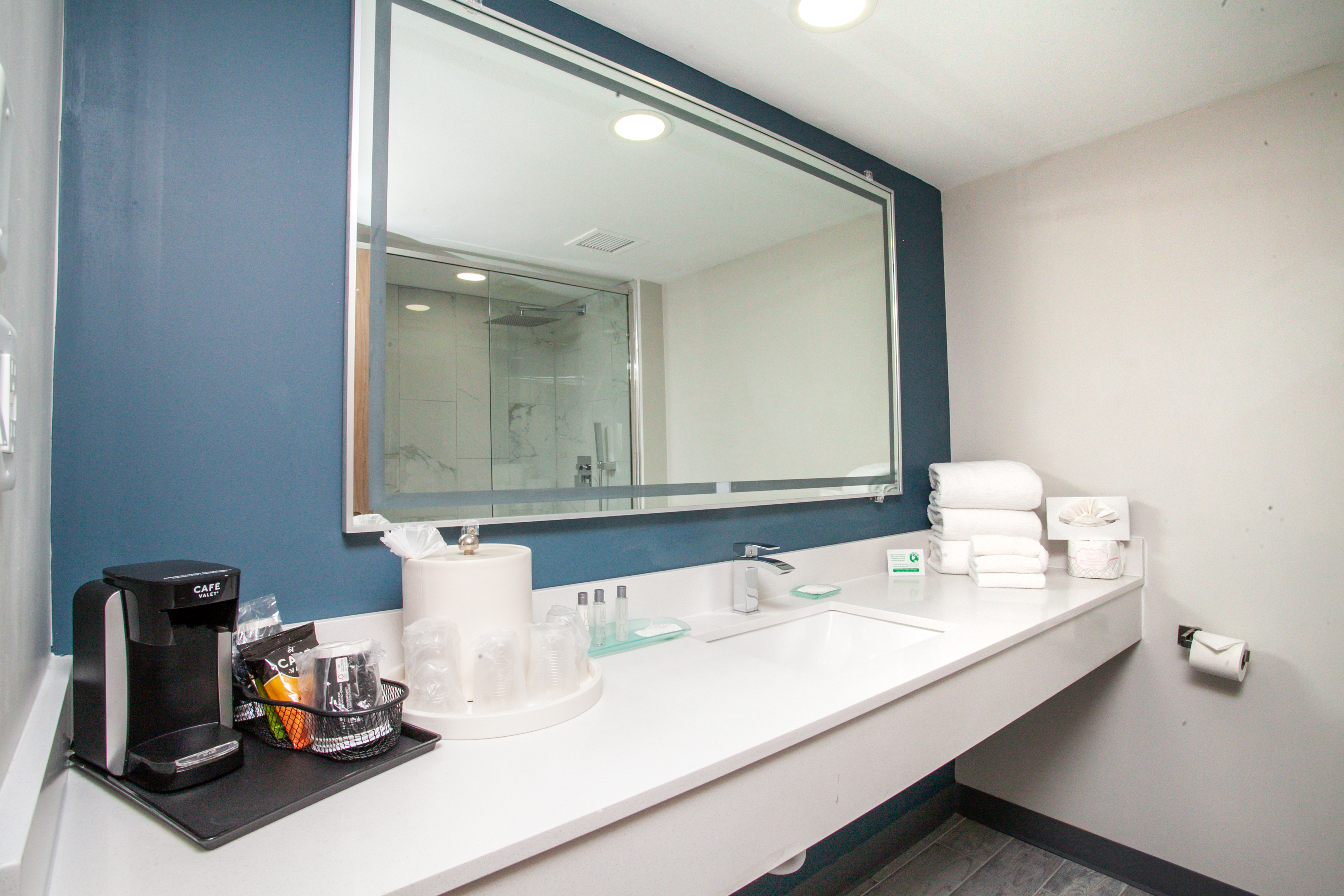 Guest room bath at the Chateau Hotel and Conference Center in Bloomington, Illinois