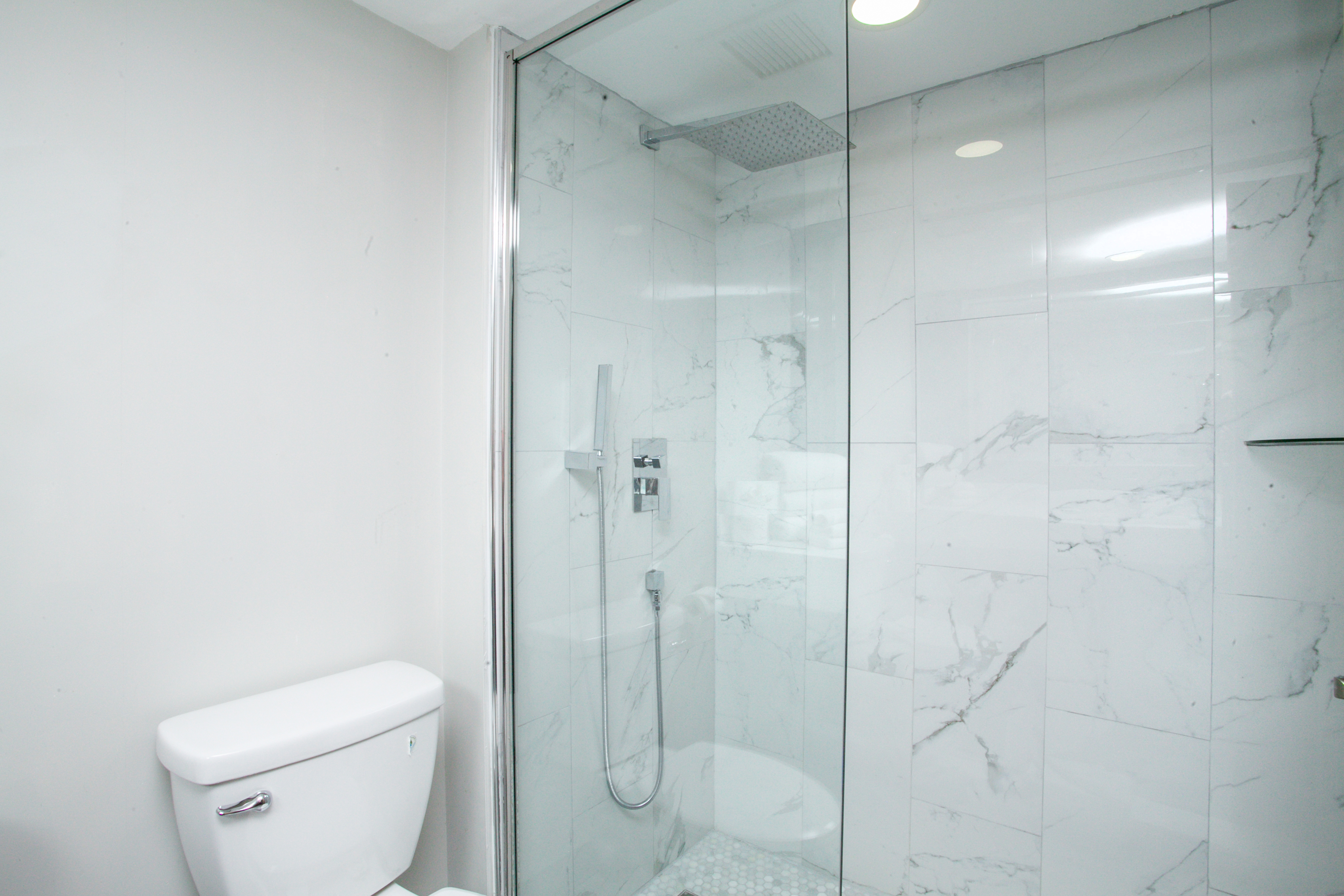 Guest room bath at the Chateau Hotel and Conference Center in Bloomington, Illinois