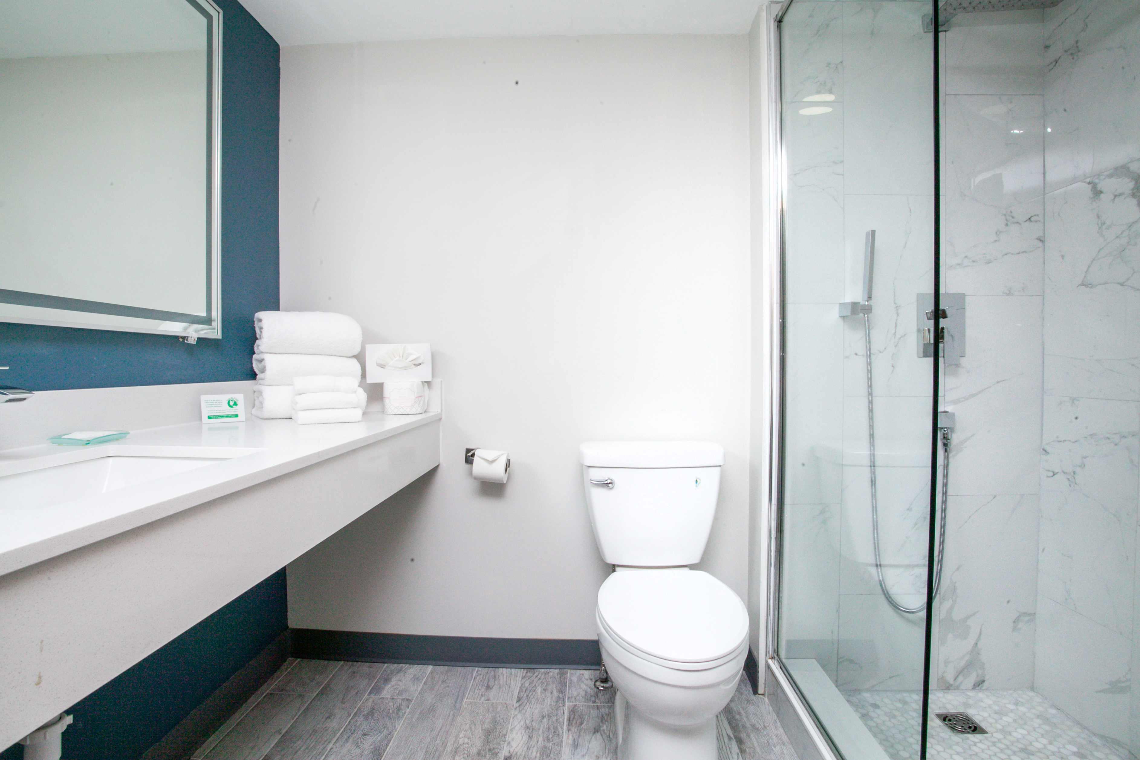 Guest room bath at the Chateau Hotel and Conference Center in Bloomington, Illinois