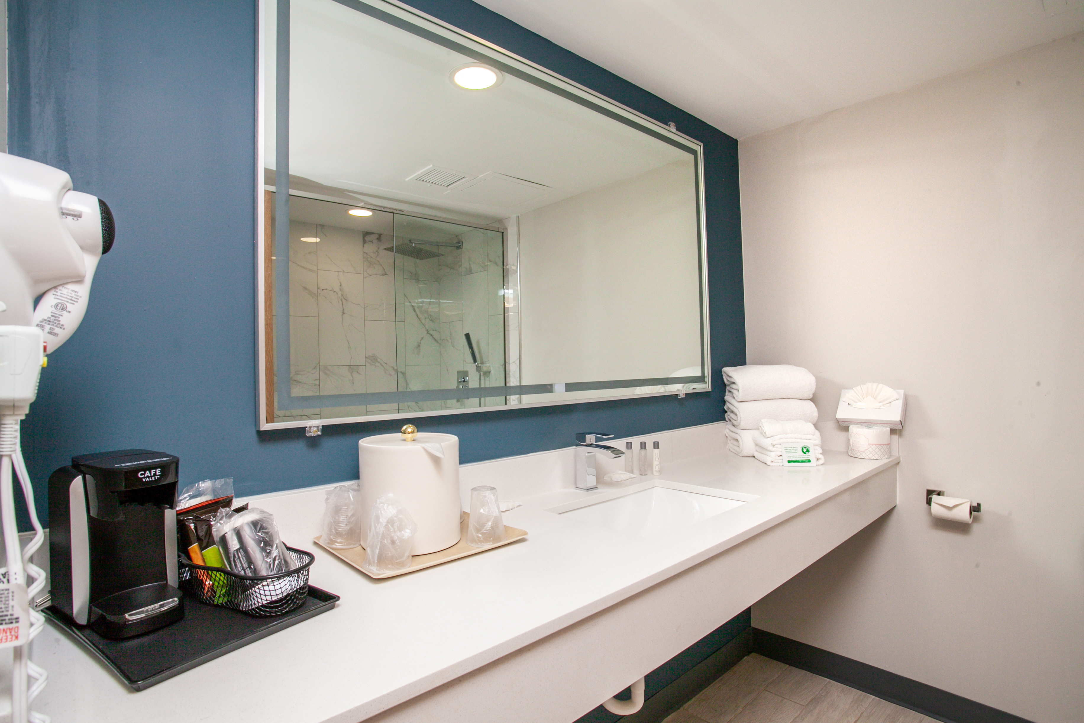 Guest room bath at the Chateau Hotel and Conference Center in Bloomington, Illinois