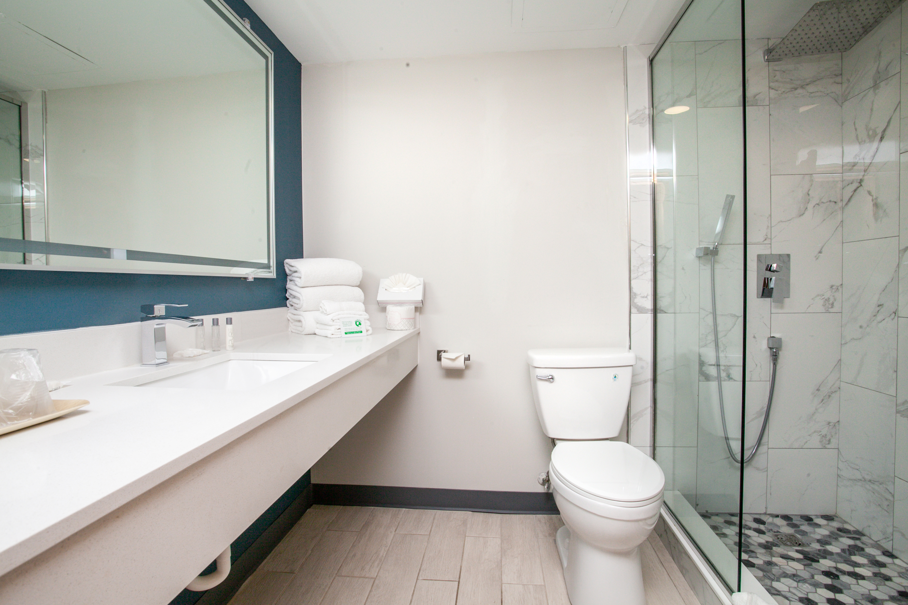 Guest room bath at the Chateau Hotel and Conference Center in Bloomington, Illinois