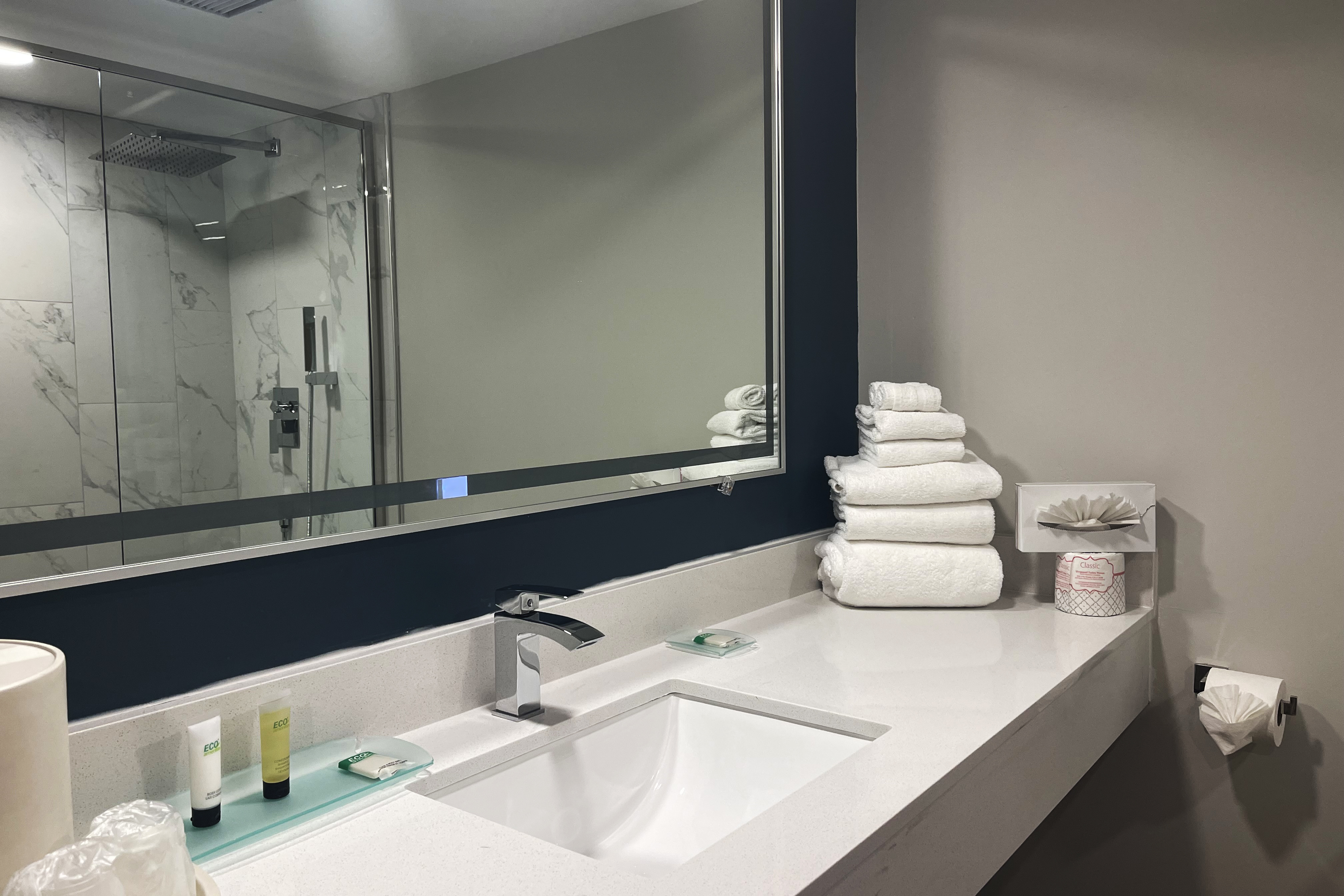 Guest room bath at the Chateau Hotel and Conference Center in Bloomington, Illinois