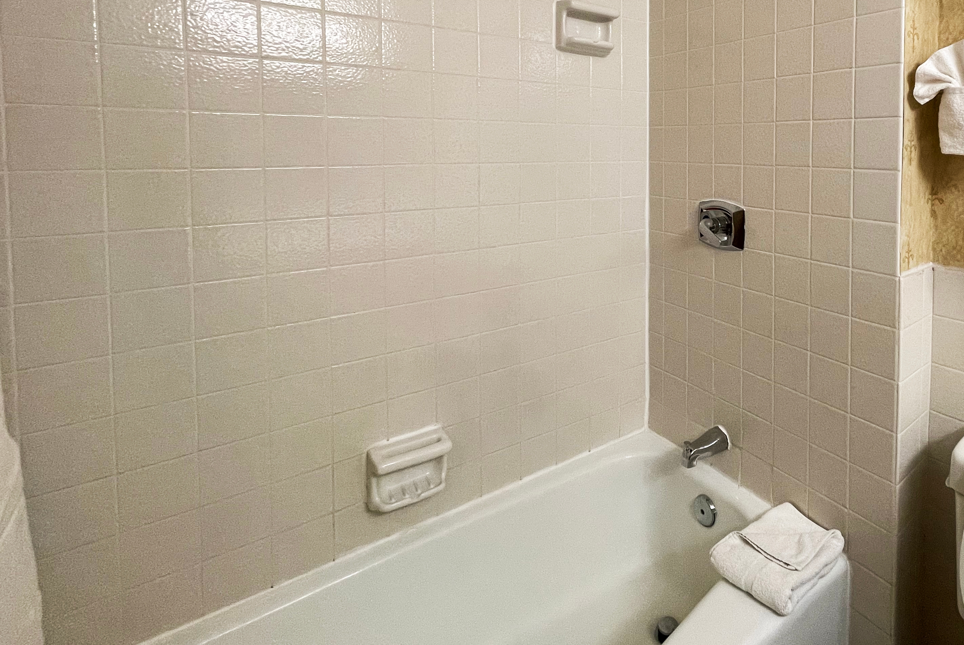 Guest room bath at the Chateau Hotel and Conference Center in Bloomington, Illinois
