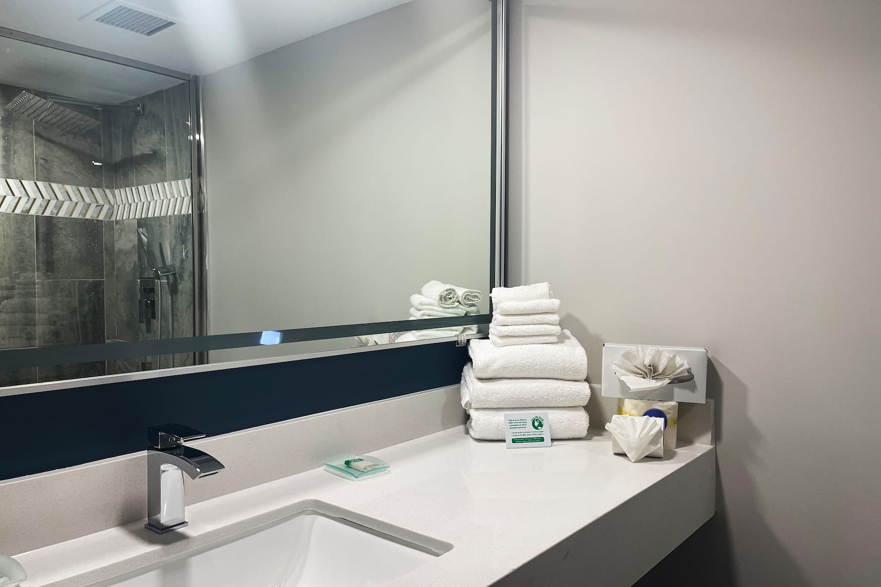 Guest room bath at the Chateau Hotel and Conference Center in Bloomington, Illinois
