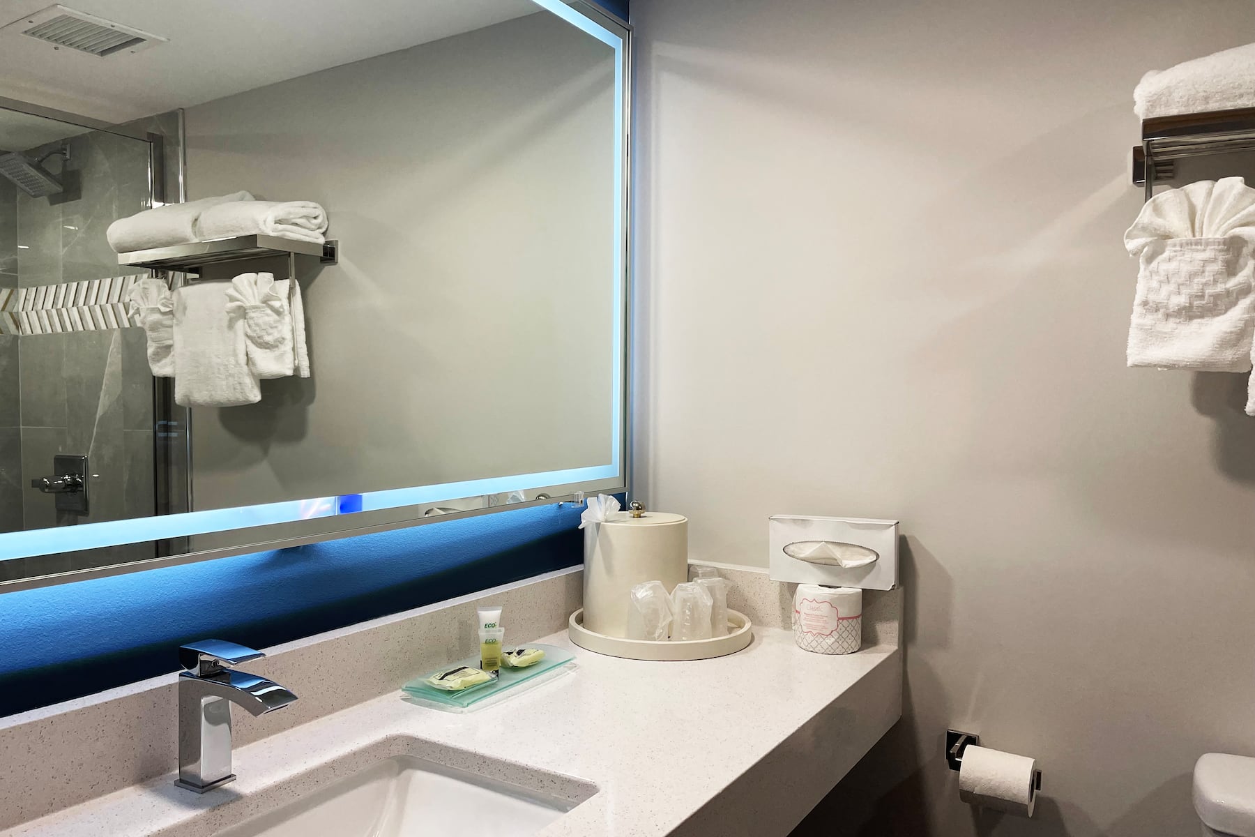 Guest room bath at the Chateau Hotel and Conference Center in Bloomington, Illinois